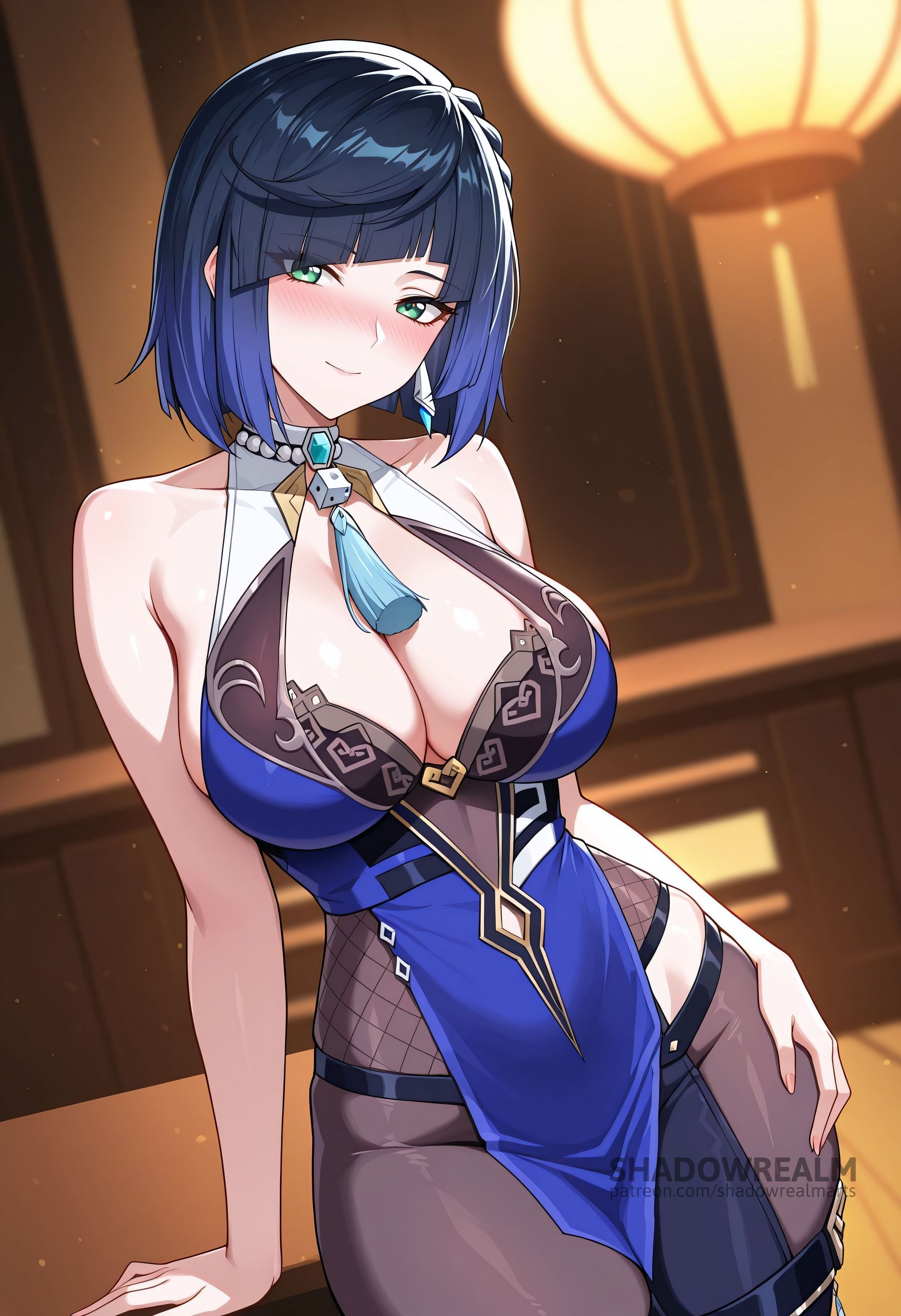 ai generated, bare arms, bare shoulders, black hair, blue dress, blue hair, blunt bangs, blush, bob cut, breasts, cleavage, cleavage cutout, closed mouth, clothing cutout, collarbone, cowboy shot, diagonal bangs, dice, dress, earrings, female, genshin impact, green eyes, hand on own hip, indoors, jewelry, large breasts, looking at viewer, mole, mole on breast, multicolored hair, neck tassel, pantyhose, pelvic curtain, shadowrealmarts, short hair, sleeveless, sleeveless dress, smile, solo, tassel, thighs, tight pants, two-tone hair, uncensored, yelan (genshin impact)