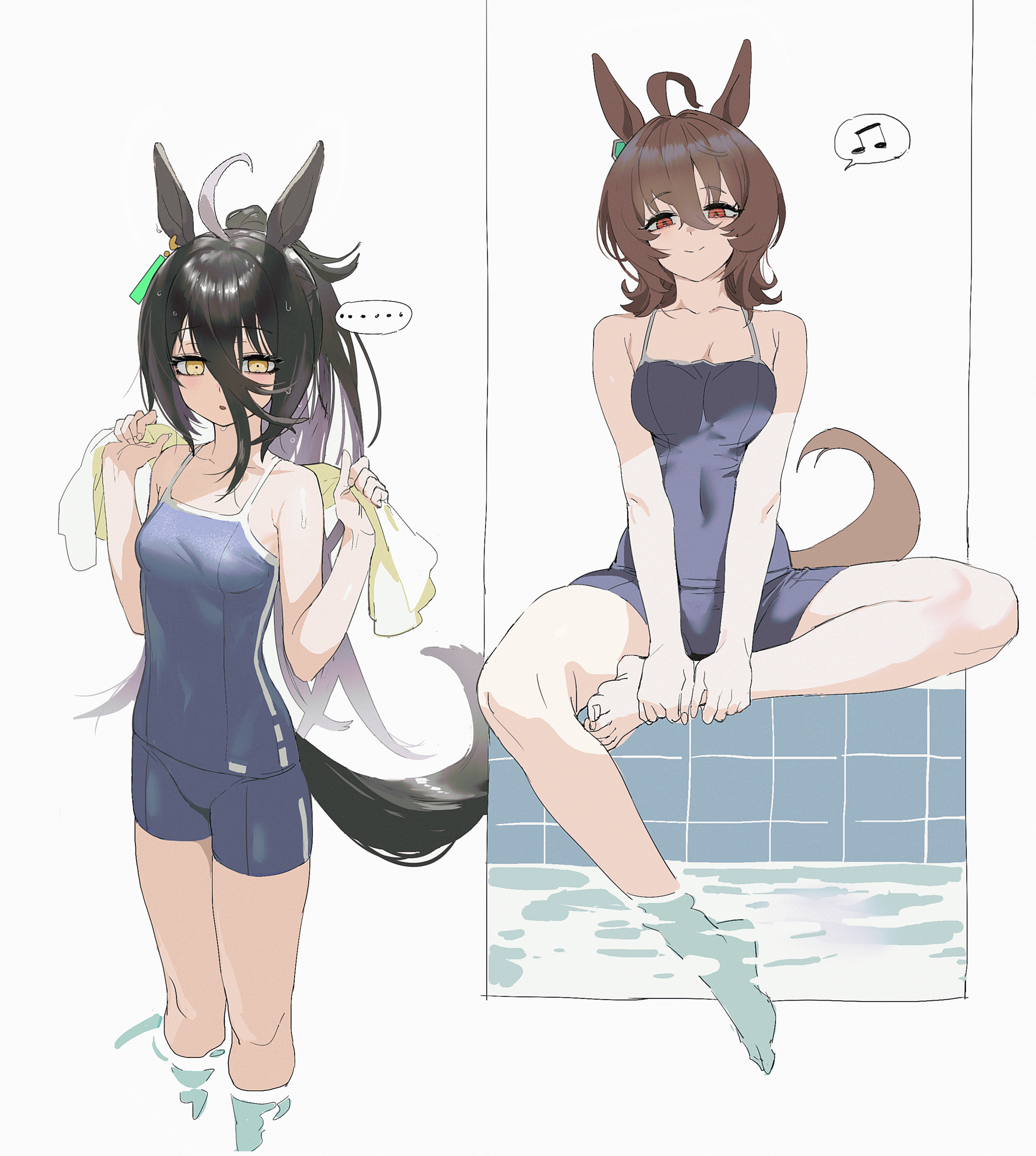 2girls, agnes tachyon (umamusume), ahoge, black hair, breasts, brown hair, earrings, female, female only, hair between eyes, horse ears, horse girl, horse tail, long hair, looking at viewer, manhattan cafe (umamusume), medium breasts, medium hair, one-piece swimsuit, pool, red eyes, sarcophage, school swimsuit, sitting, small breasts, smile, swimsuit, towel, umamusume, umamusume pretty derby, very long hair, yellow eyes