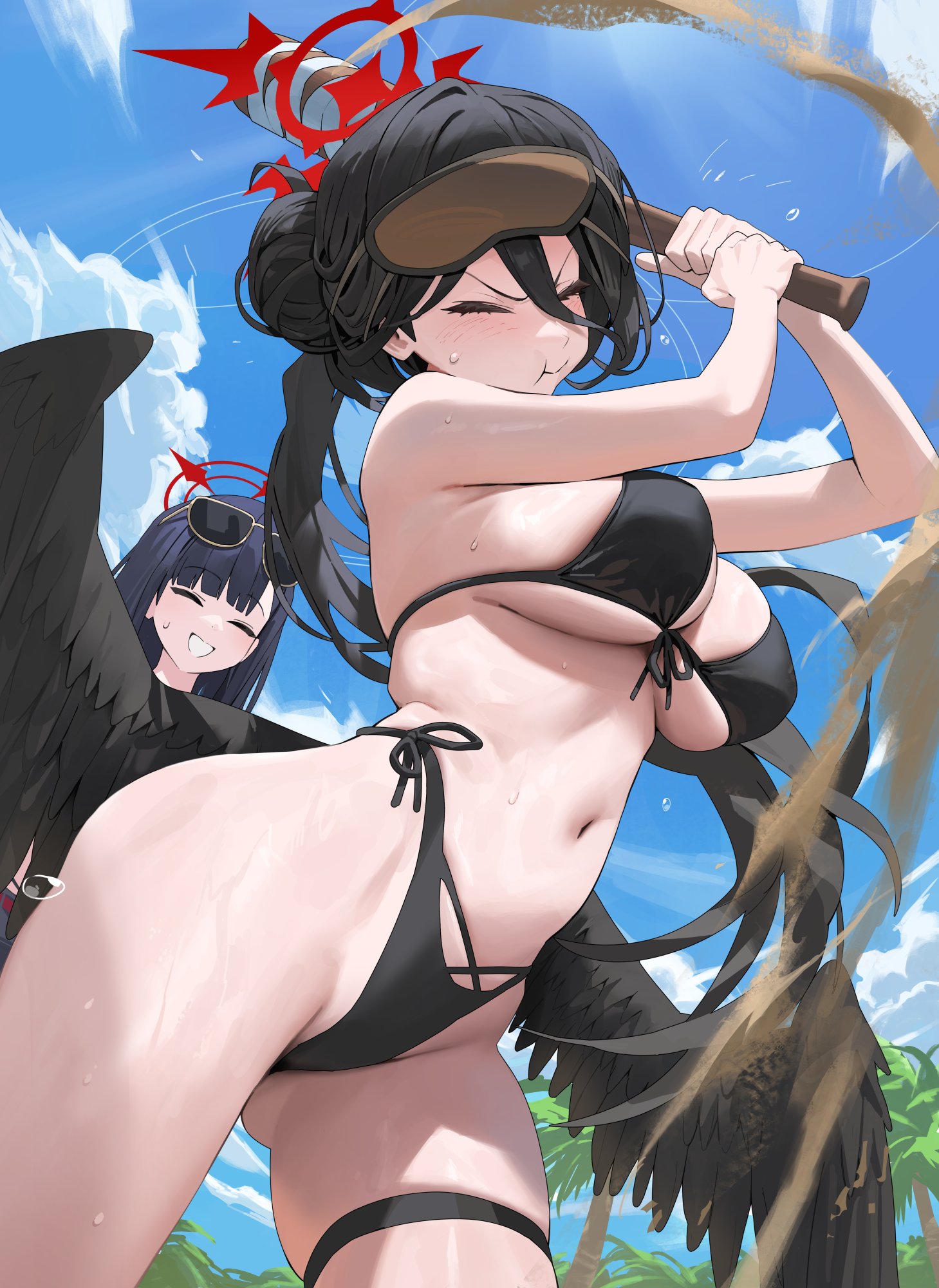 1girls, 2girls, bikini, black bikini, black choker, black hair, black wings, blindfold, blindfold lift, blue archive, blue sky, blush, breasts, choker, closed eyes, cloud, day, eyewear on head, feathered wings, female, female only, food, fruit, grin, hair between eyes, hair bun, halo, hasumi (blue archive), hasumi (swimsuit) (blue archive), highres, hood (james x), hood x art, ichika (blue archive), ichika (swimsuit) (blue archive), large breasts, long hair, looking at viewer, low wings, multiple females, multiple girls, navel, official alternate costume, official alternate hairstyle, outdoors, pout, red eyes, red halo, shinai, sky, smile, stomach, sunglasses, swimsuit, sword, watermelon, weapon, wings