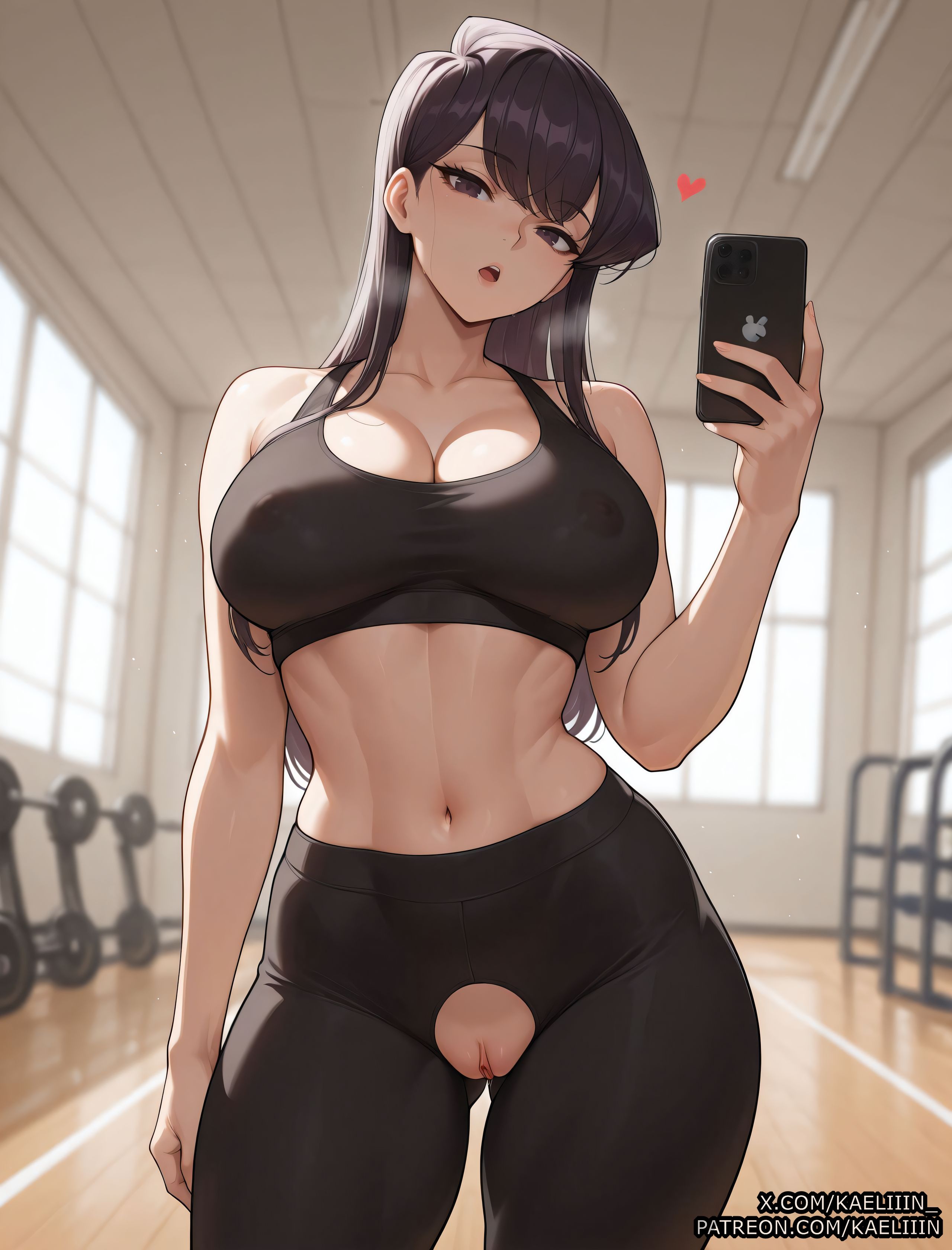 ai assisted, ai generated, anime, anime style, big ass, big breasts, breasts, clitoris, curvaceous, curvaceous body, curvaceous female, curvaceous figure, female, female focus, fit female, girly, gym, gym uniform, hourglass figure, huge ass, huge breasts, kaeliiin, komi shouko, komi-san wa komyushou desu, leggings, pussy, selfie, sexy, shiny, sports bra, uncensored, vagina, voluptuous, voluptuous female, waifu, waifu diffusion
