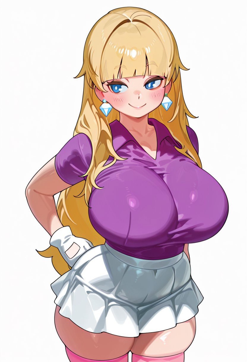ai, ai generated, big breasts, blonde female, blonde hair, breasts, curvy, curvy female, curvy figure, diamond (gem), earrings, female, golf outfit, gravity falls, gravure soraka, huge breasts, miniskirt, pacifica northwest, purple top