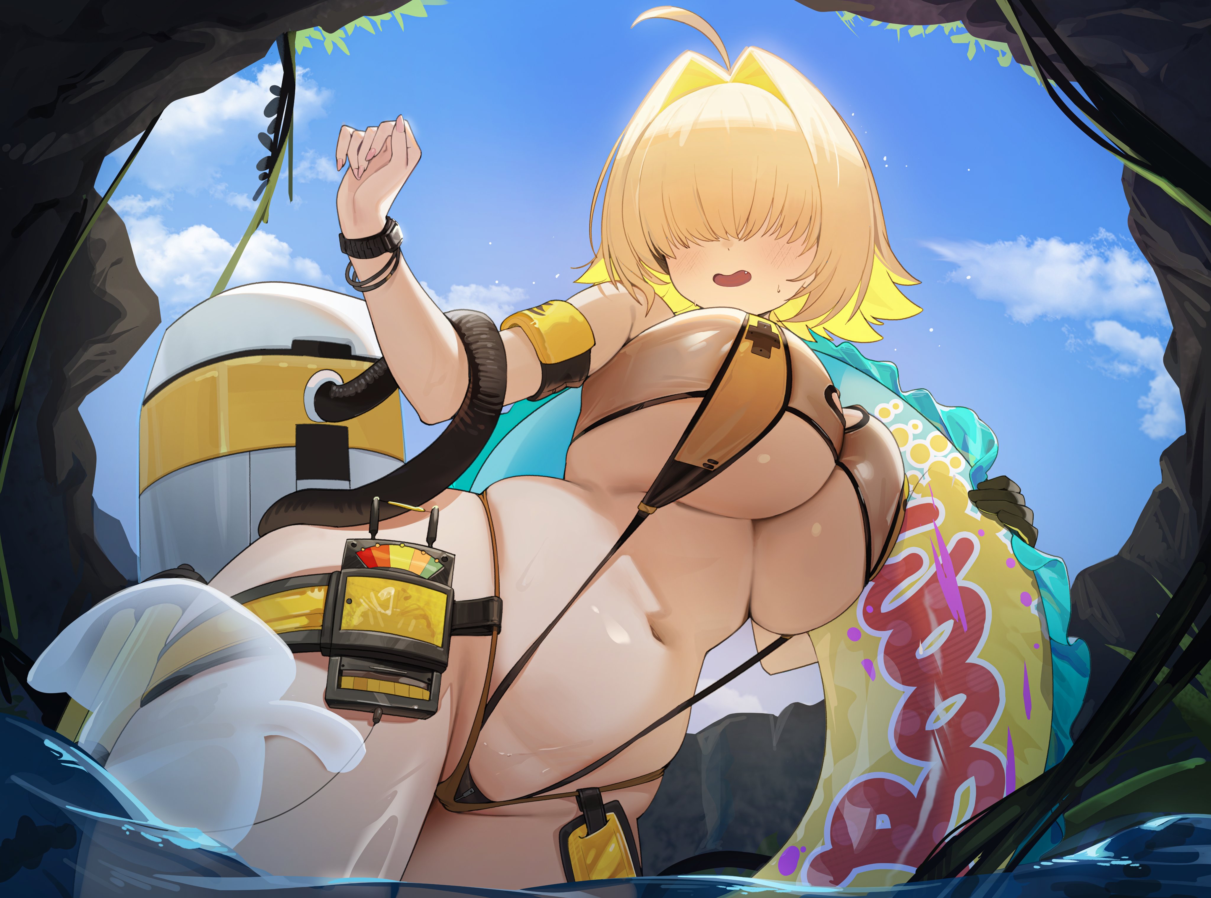 absurdres, ahoge, bandeau, bare shoulders, blonde hair, breasts, cleavage cutout, clothing cutout, cute fang, day, elegg (boom and shock) (nikke), elegg (nikke), facing viewer, female, female only, hair intakes, hair over eyes, hashtag-only commentary, highres, huge breasts, innertube, navel, nogong, official alternate costume, open mouth, outdoors, short hair, skindentation, slingshot swimsuit, smile, solo, standing, stomach, swim ring, swimsuit, thick thighs, thighs, underboob, wading, wristband, yellow slingshot swimsuit