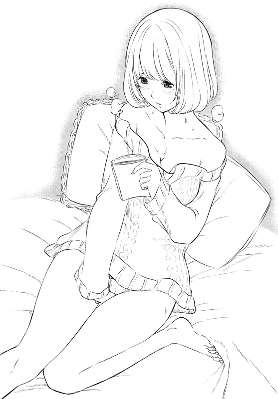 aoki_yuriko bakuman bare_shoulders barefoot bed blush book breasts breath cleavage collarbone female fukurokouji hand_between_legs hand_in_crotch line_art masturbation monochrome on_bed pillow reading short_hair solo sweater