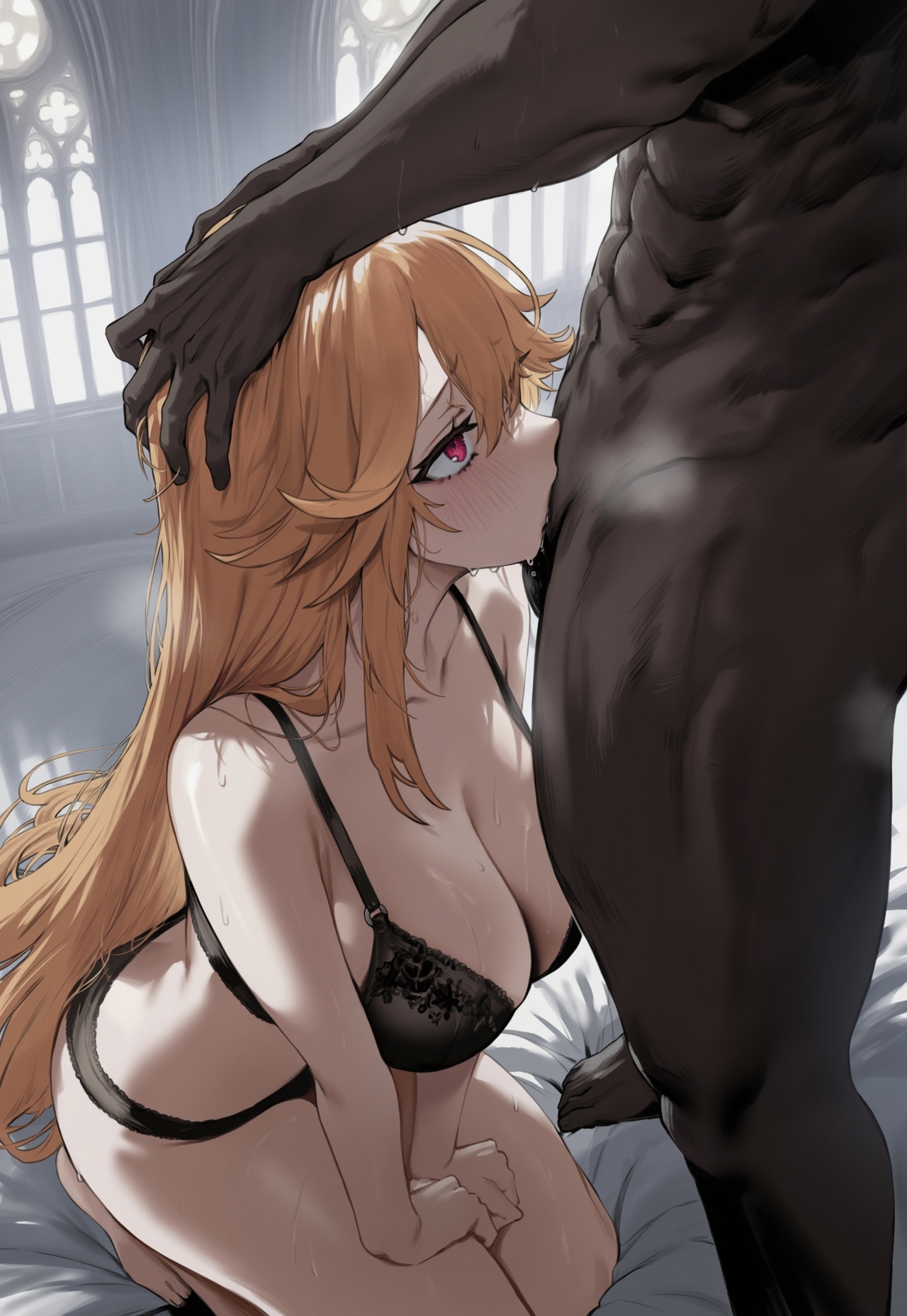 1boy, 1girls, ai generated, azur lane, big breasts, black lingerie, blonde hair, breasts, dark-skinned male, fellatio, female, hips, huge breasts, huge cock, large breasts, light-skinned female, lingerie, long hair, looking pleasured, male, navel, penis, pink eyes, richelieu (azur lane), thick thighs, thighs, truck kun, wide hips