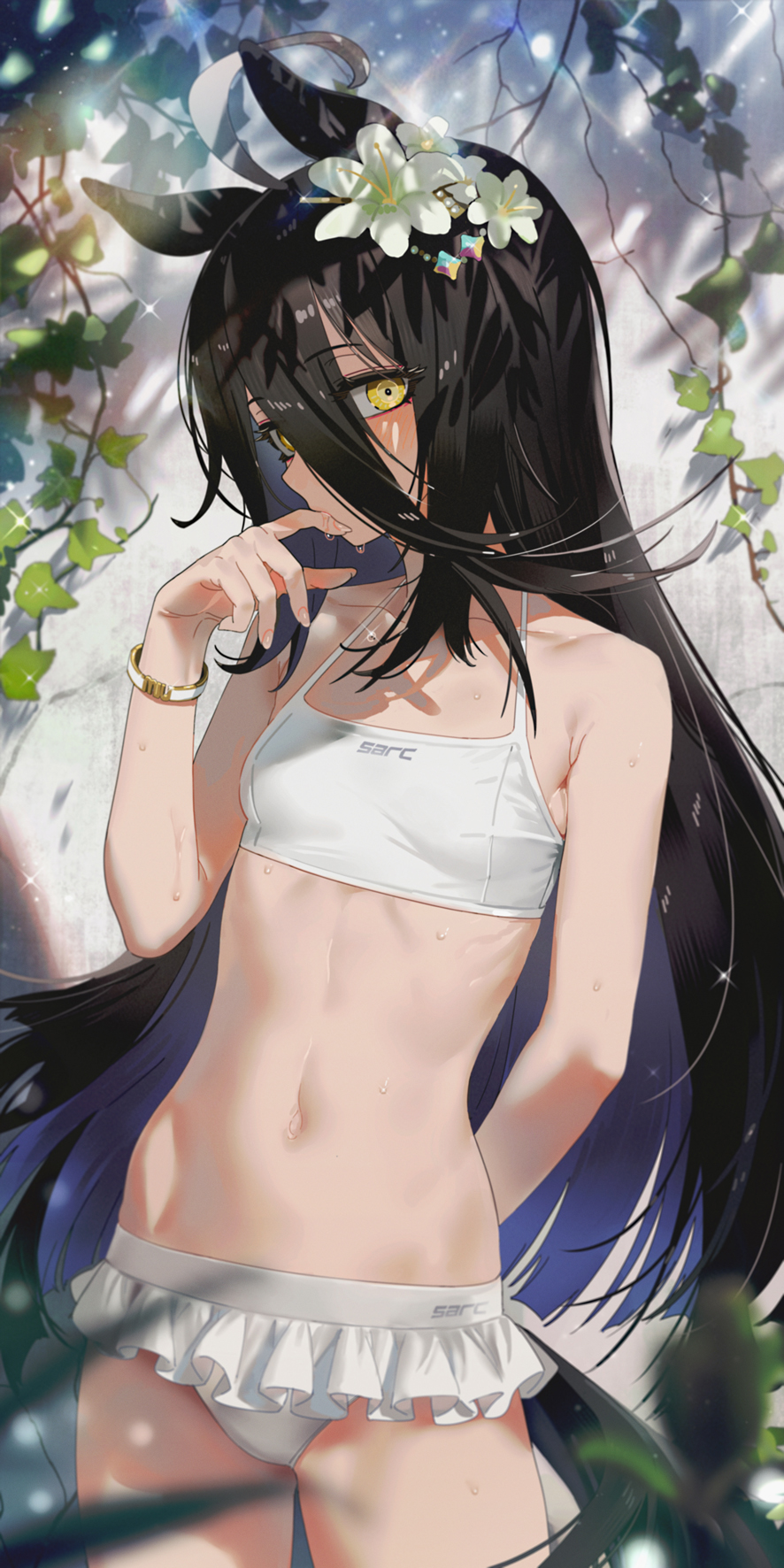 ahoge, belly button, bikini, black hair, breasts, detailed background, female, female only, finger in mouth, flower in hair, hair between eyes, horse ears, horse girl, horse tail, long hair, looking at viewer, manhattan cafe (umamusume), navel, ribs, sarcophage, skinny, small breasts, solo, umamusume, umamusume pretty derby, wet body, wet skin, white bikini, yellow eyes