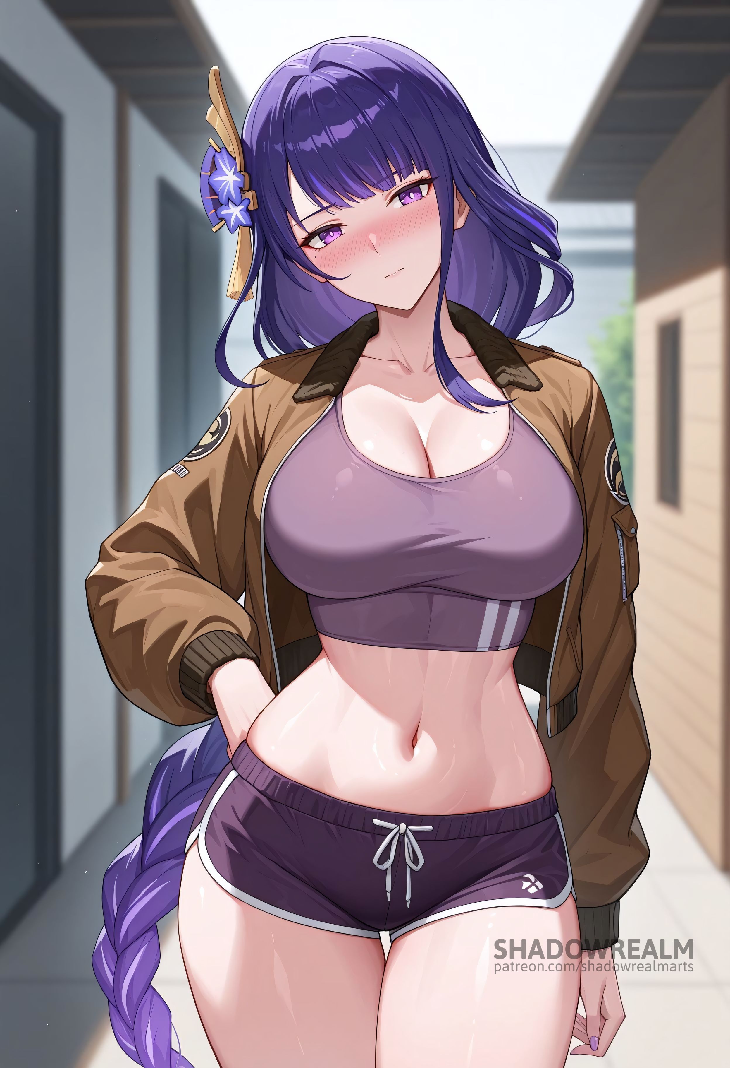 ai generated, alternate costume, blurry, blurry background, blush, braid, braided ponytail, breasts, brown jacket, cleavage, closed mouth, collarbone, cowboy shot, crop top, dolphin shorts, female, flower, genshin impact, hair flower, hair ornament, hand on own hip, jacket, large breasts, long braid, long hair, long sleeves, looking at viewer, midriff, mole, mole under eye, navel, open clothes, open jacket, purple eyes, purple hair, purple nails, purple shorts, raiden shogun, shadowrealmarts, short shorts, shorts, solo, sports bra, stomach, taut clothes, thigh gap, thighs, uncensored, very long hair, web address
