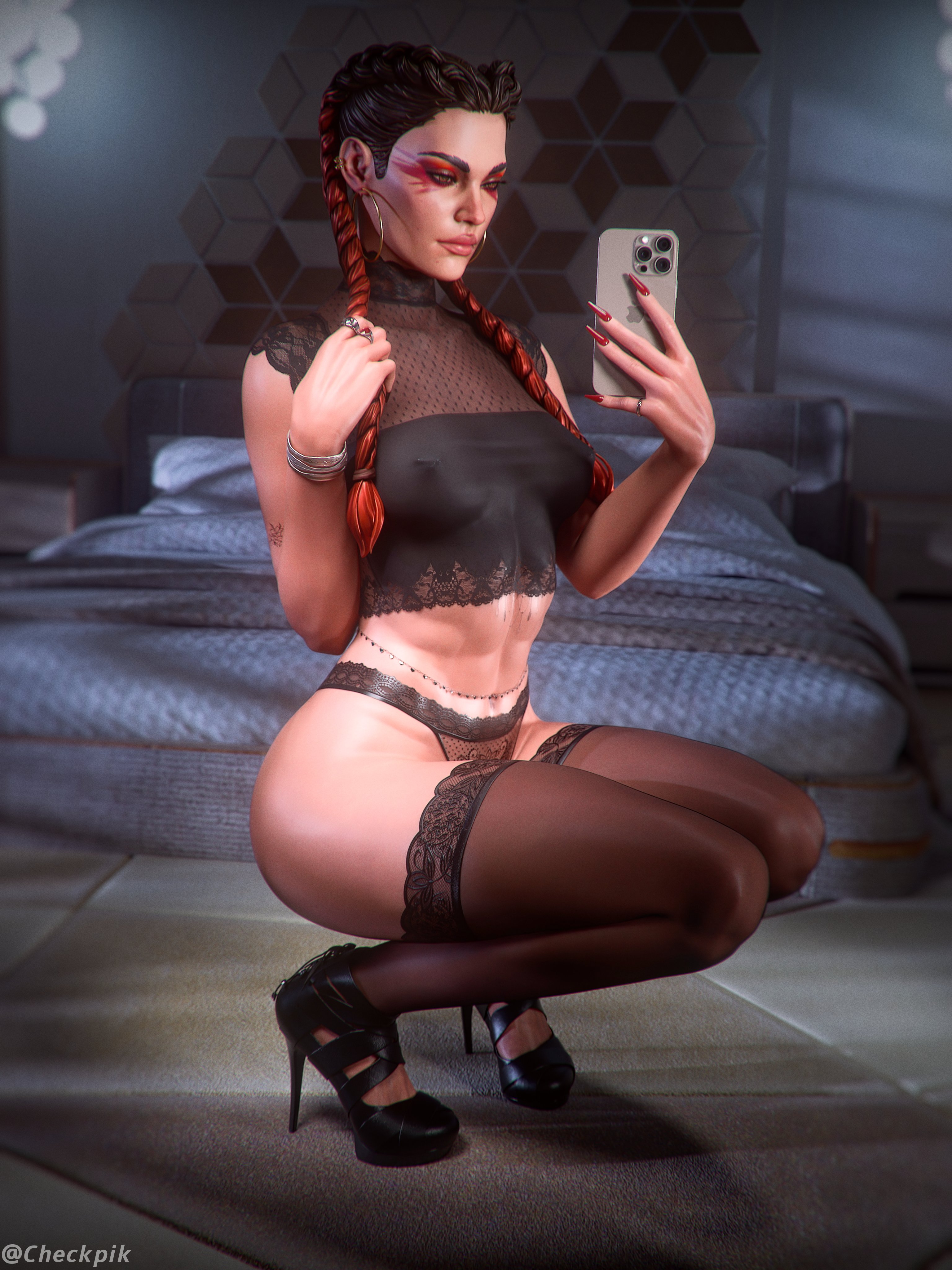 1girls, 3d, 3d (artwork), abs, apex legends, artist name, bed, bed sheet, bedroom, black high heels, bottom heavy, braid, braided twintails, breasts, bubble butt, checkpik, child bearing hips, clothed female, clothing, curvaceous, curvaceous female, curvy female, curvy hips, earrings, eyeliner, eyeshadow, female, female focus, female only, fit, fit female, high heels, holding smartphone, hoop earrings, hourglass figure, huge ass, huge nipples, indoors, iphone, large ass, large nipples, loba (apex legends), makeup, nail polish, navel, pillow, red nail polish, red nails, see-through, see-through clothing, shiny, shiny skin, smartphone, solo, solo female, solo focus, squatting, sweat, sweaty body, sweaty legs, sweaty thighs, thick thighs, thighhighs, toned, toned body, toned female, toned stomach, top heavy, twintails, video game, video game character, video game franchise, waist chain, watermark, wet, wet body, wet skin, wide hips