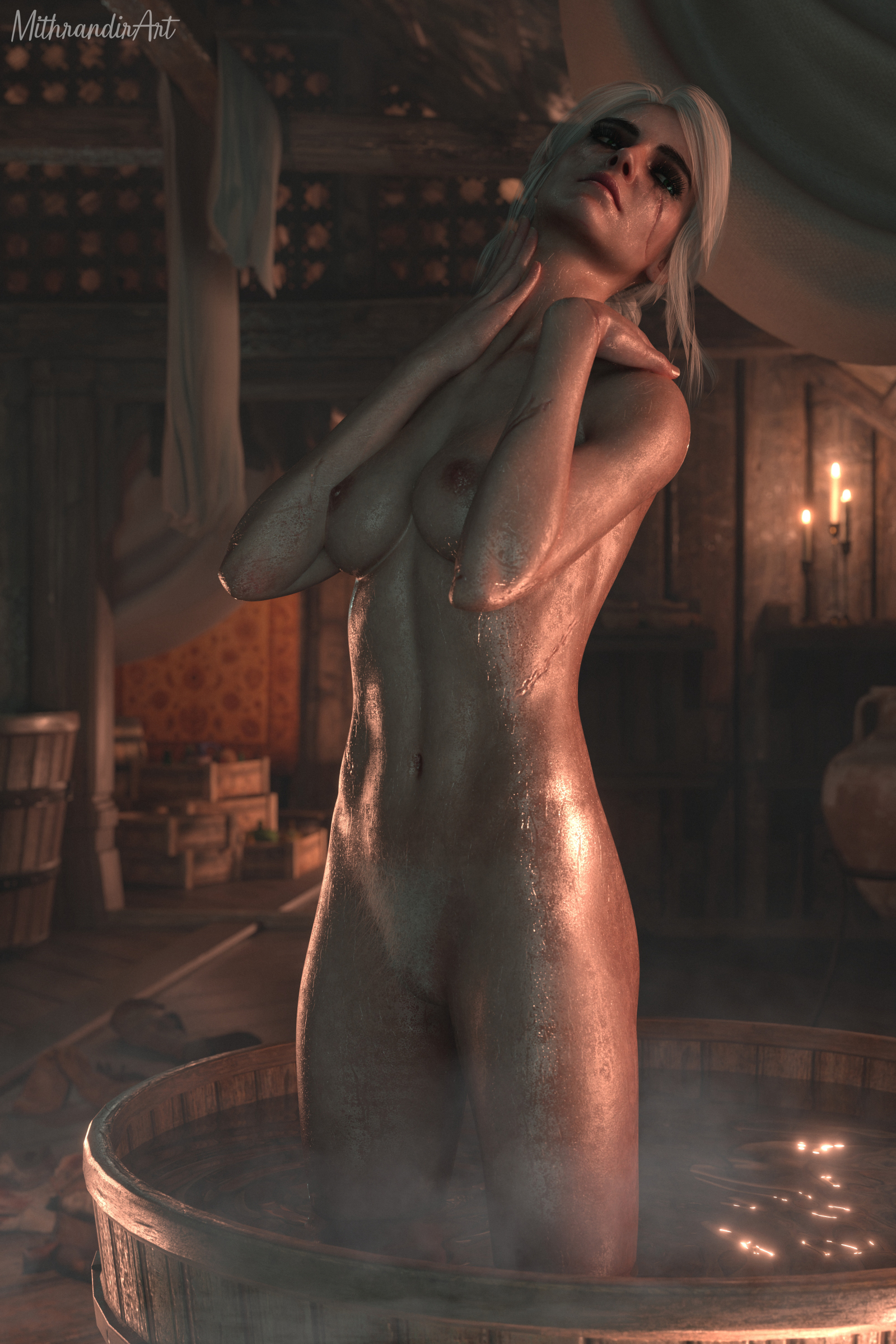1girls, 3d, bath, bathing, bathroom, breasts, cd projekt red, ciri, completely nude, female, freckles, green eyes, light-skinned female, mascara, medium breasts, mithrandirart, nipples, nude, pubic hair, pussy, realistic, scar, skinny, solo, solo female, the witcher (series), the witcher 3: wild hunt, toned, toned female, wet, wet body, white hair