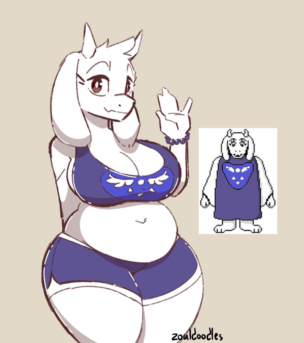 anthro, belly, big breasts, bottomwear, bovid, breasts, caprine, cleavage, clothed, clothing, female, fur, goat, horn, mammal, shorts, slightly chubby, solo, thick thighs, toriel, undertale, undertale (series), white body, white fur, zoul illustration