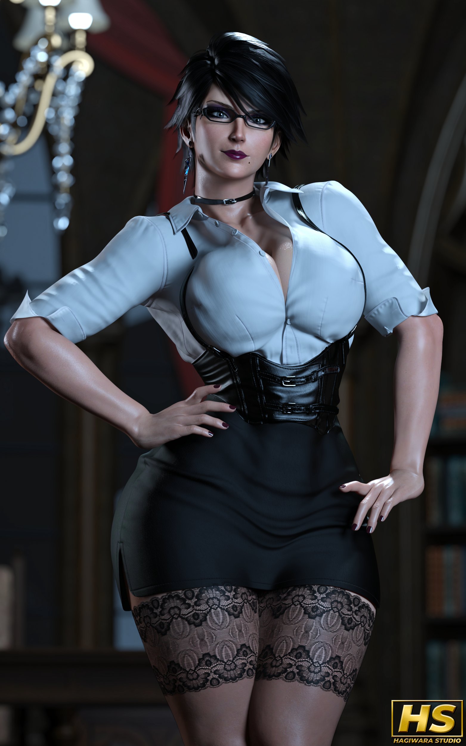 1girls, 3d, ass, bayonetta, bayonetta (character), bayonetta 2, beauty mark, big ass, big breasts, black hair, breasts, bursting breasts, cleavage, earrings, female, female only, glasses, hagiwara studio, makeup, overflowing breasts, skimpy, skimpy clothes, solo, thick thighs