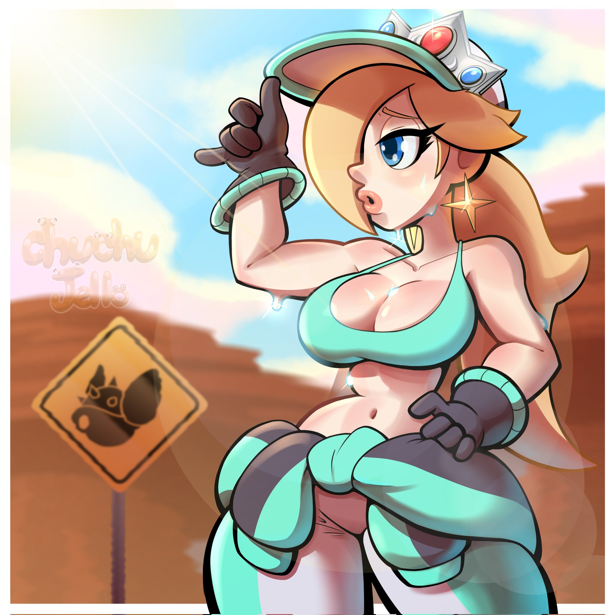 1girls, big breasts, black gloves, blonde hair, blue eyes, breasts, chuchu jello, crown, ear piercing, earrings, exposed hips, female, female only, gloves, hair, hair over one eye, hand on hip, handwear, hat, headwear, hip cleavage, hips, jacket, jacket around waist, lips, long hair, mario (series), mario kart world, nintendo, official alternate costume, parted lips, princess rosalina, princess rosalina (pro racer), racing suit, sign, solo, solo female, star earrings, sweat, sweatdrop, sweaty, sweaty body, thick lips, thighs, tongue, tongue out, topwear, wet clothes