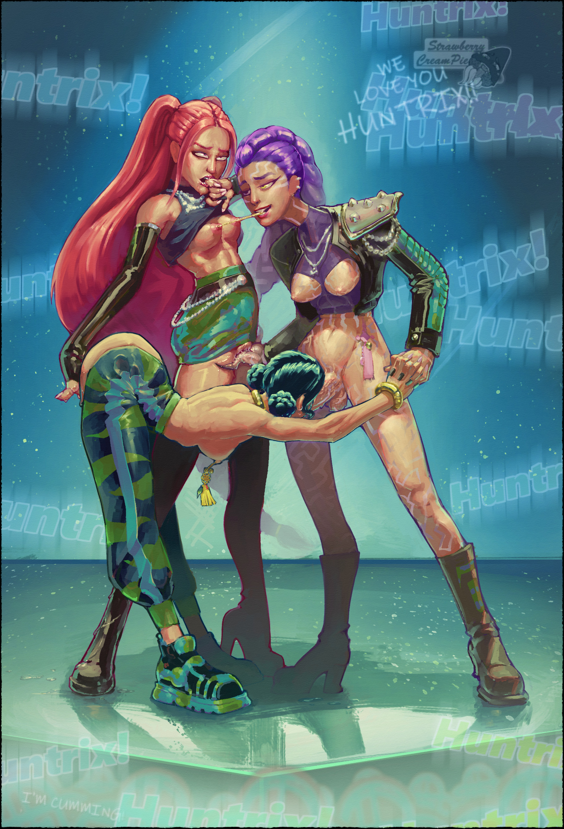 1futa, 2girls, bent over, body markings, boots, bottomless, breasts, breasts cutout, female, fingering, futa on female, futadom, futanari, holding hands, human, huntrix, intersex, kpop demon hunters, long hair, medium breasts, mira (kpop demon hunters), mouth hold, nipple piercing, pale skin, pants, pink hair, polytrix, purple hair, red hair, rumi (kpop demon hunters), shoes, single braid, standing, strawberrycreampie, thin female, threesome, very long hair, zoey (kpop demon hunters)
