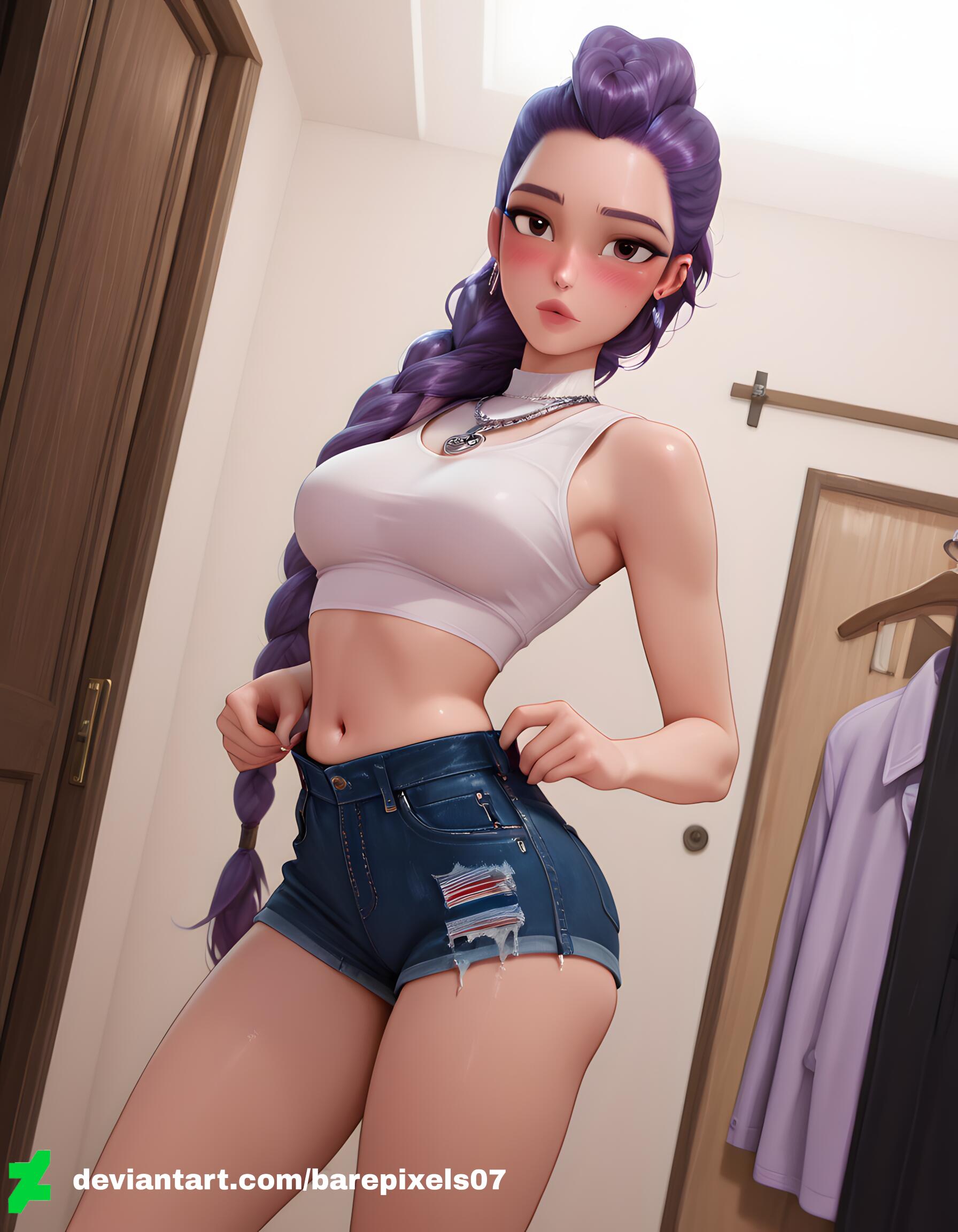 1girls, ai generated, ass, barepixels07, bedroom, belly button, blush, braid, braided hair, braided ponytail, breasts, brown eyes, clothed, clothed female, clothing, cowboy shot, female, female only, happy, hips, human, human female, indoors, jean shorts, kpop demon hunters, light skin, light-skinned female, long hair, looking at viewer, medium breasts, midriff, navel, necklace, netflix, perfect body, ponytail, public, purple hair, rumi (kpop demon hunters), single braid, solo, solo female, standing, thighs, undressing