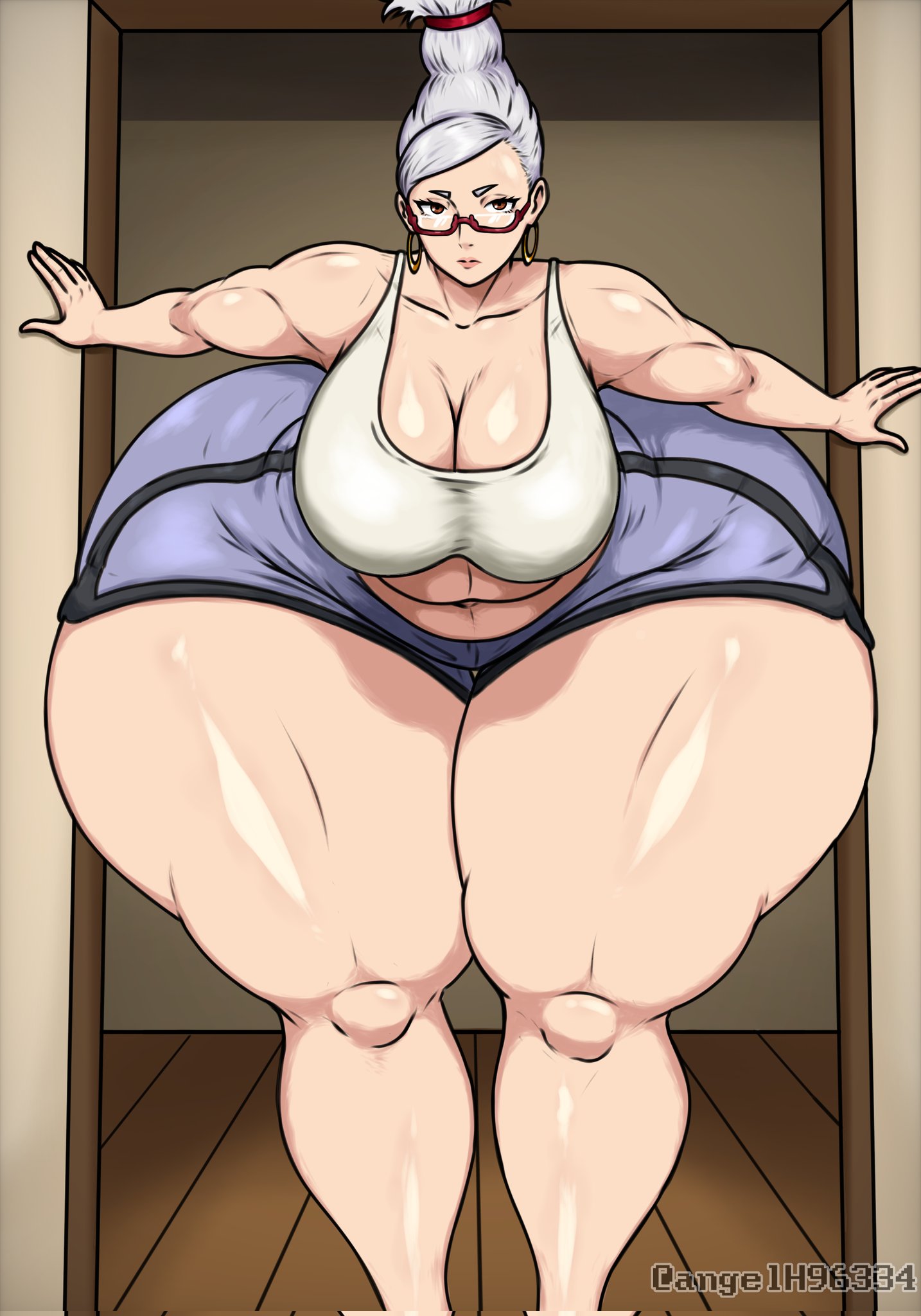1girls, 2025, 2d, 2d (artwork), angelh96334, ayase seiko, bent over, bottom heavy, breasts, child bearing hips, dandadan, dolphin shorts, female, female only, front view, gigantic ass, gigantic hips, huge ass, huge breasts, huge hips, human, large breasts, shorts, solo, solo female, standing, tall female, wide hips