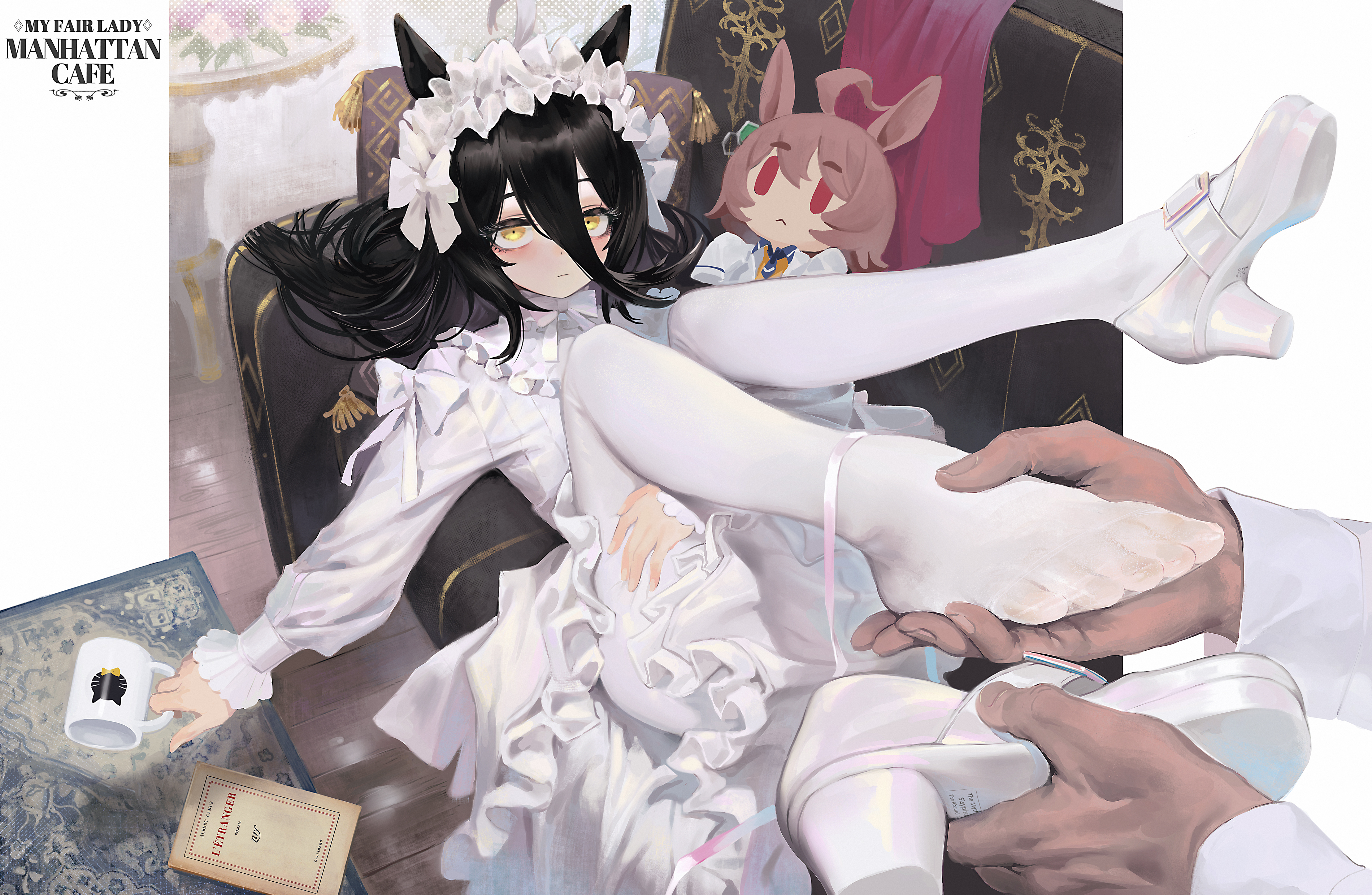 1boy, 1girls, agnes tachyon (umamusume), black hair, detailed background, dress, expressionless, feet, feet up, female, female focus, foot fetish, foot focus, frills, fully clothed, hair between eyes, high heels, lolita fashion, long hair, looking at viewer, maid headdress, male, manhattan cafe (umamusume), pale skin, pale-skinned female, plushie, sarcophage, shoes, sitting, sofa, solo focus, stockings, tights, umamusume, umamusume pretty derby, unseen male face, wedding dress, white dress, white legwear, white pantyhose, yellow eyes