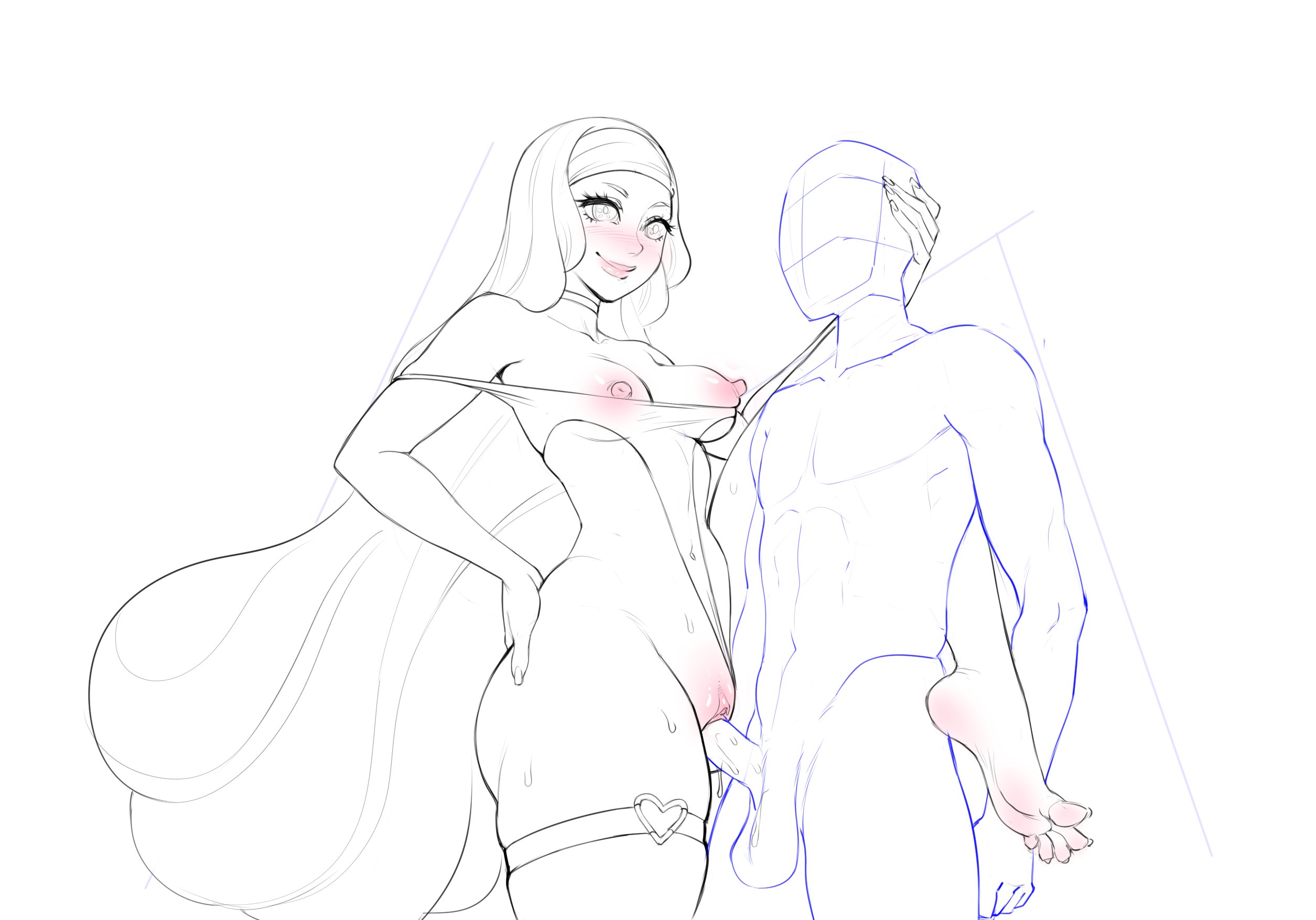 1boy, 1girls, atlus, barefoot, feet, female, heart, junah, legoman, long hair, male, metaphor: refantazio, nipples, partially clothed, penis, pussy, sex, sketch, smile, standing, standing sex, toes, very long hair