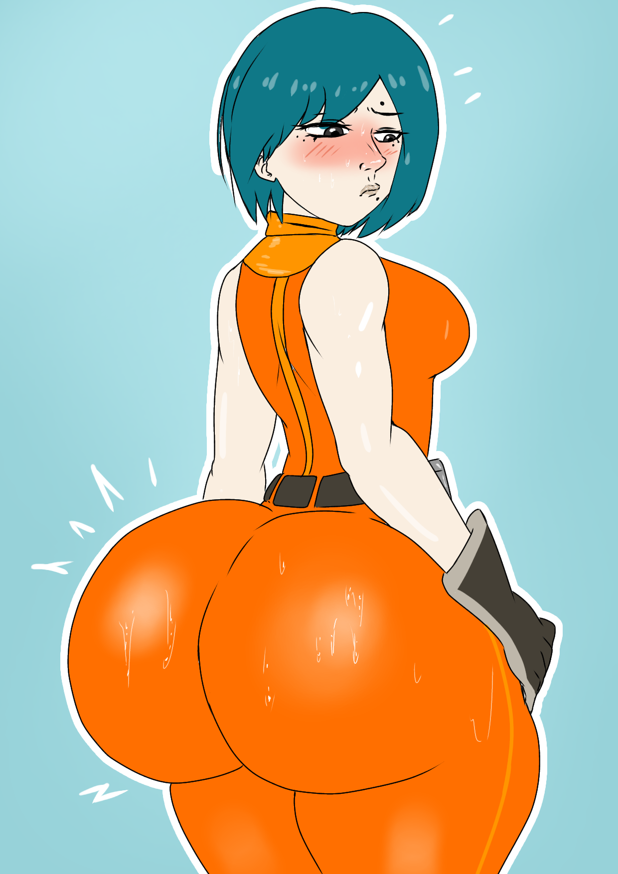 1girls, 2d, ass, ass bigger than head, ass focus, big ass, blush, bodysuit, bottom heavy, dumptruck ass, dumptruck butt, fat ass, female, huge ass, jumpsuit, mole on face, motorslice, p (motorslice), shy, sssbrett, sweat, sweating, sweaty ass, sweaty body, sweaty butt
