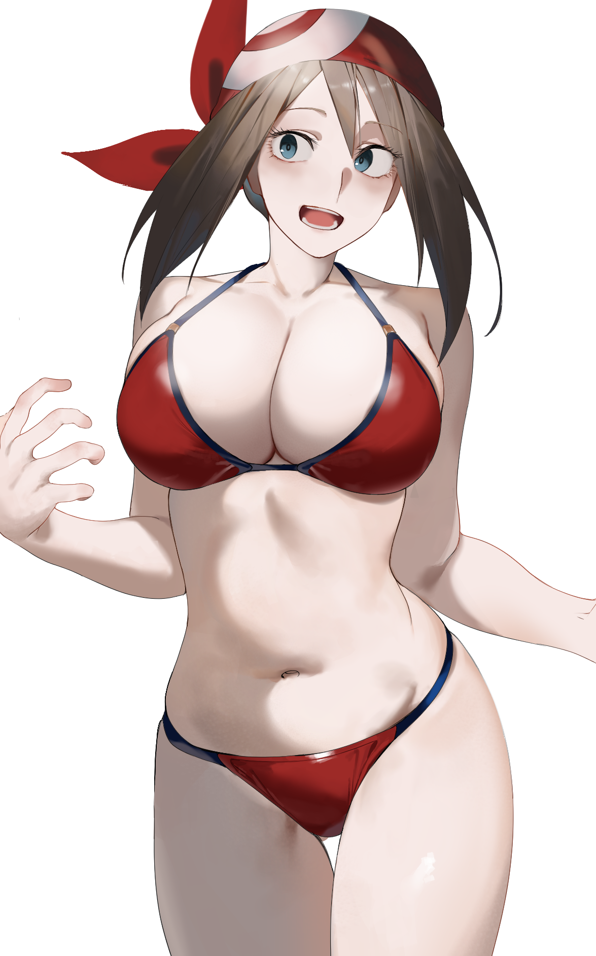 bandana, bikini, blue eyes, blush, breasts, brown hair, cleavage, female, female only, highres, keiz, large breasts, may (pokemon), navel, nintendo, open mouth, pokemon, pokemon bw2, red bandana, red bikini, simple background, solo, standing, stomach, swimsuit, thighs, white background