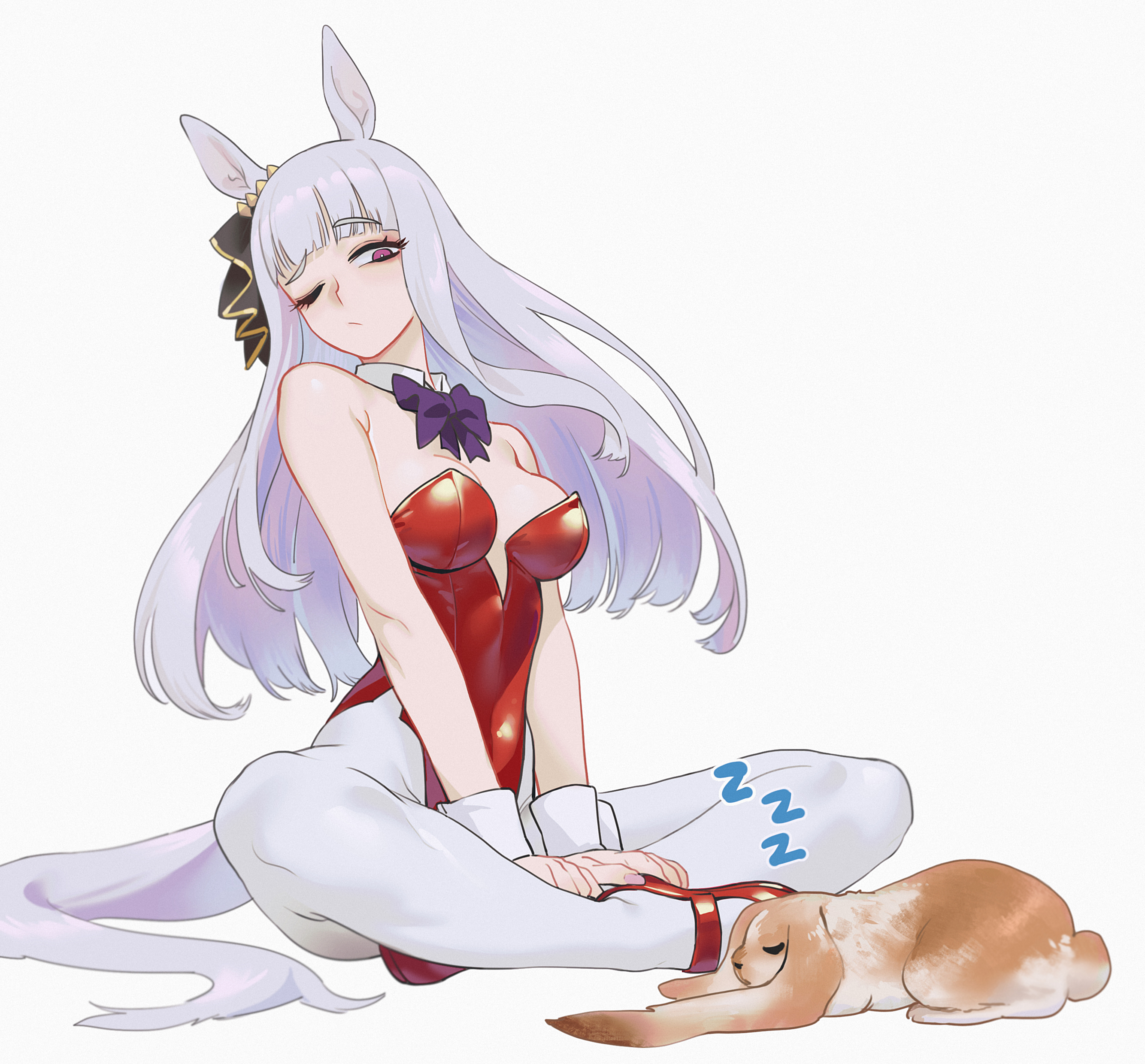 alternate costume, blunt bangs, breasts, bunnysuit, female, female only, full body, gold ship (umamusume), hair ornament, hair ribbon, horse ears, horse girl, horse tail, leotard, looking back, medium breasts, neck ribbon, one eye closed, pantyhose, pink eyes, red leotard, sarcophage, sitting, solo, tights, umamusume, umamusume pretty derby, white hair, white pantyhose