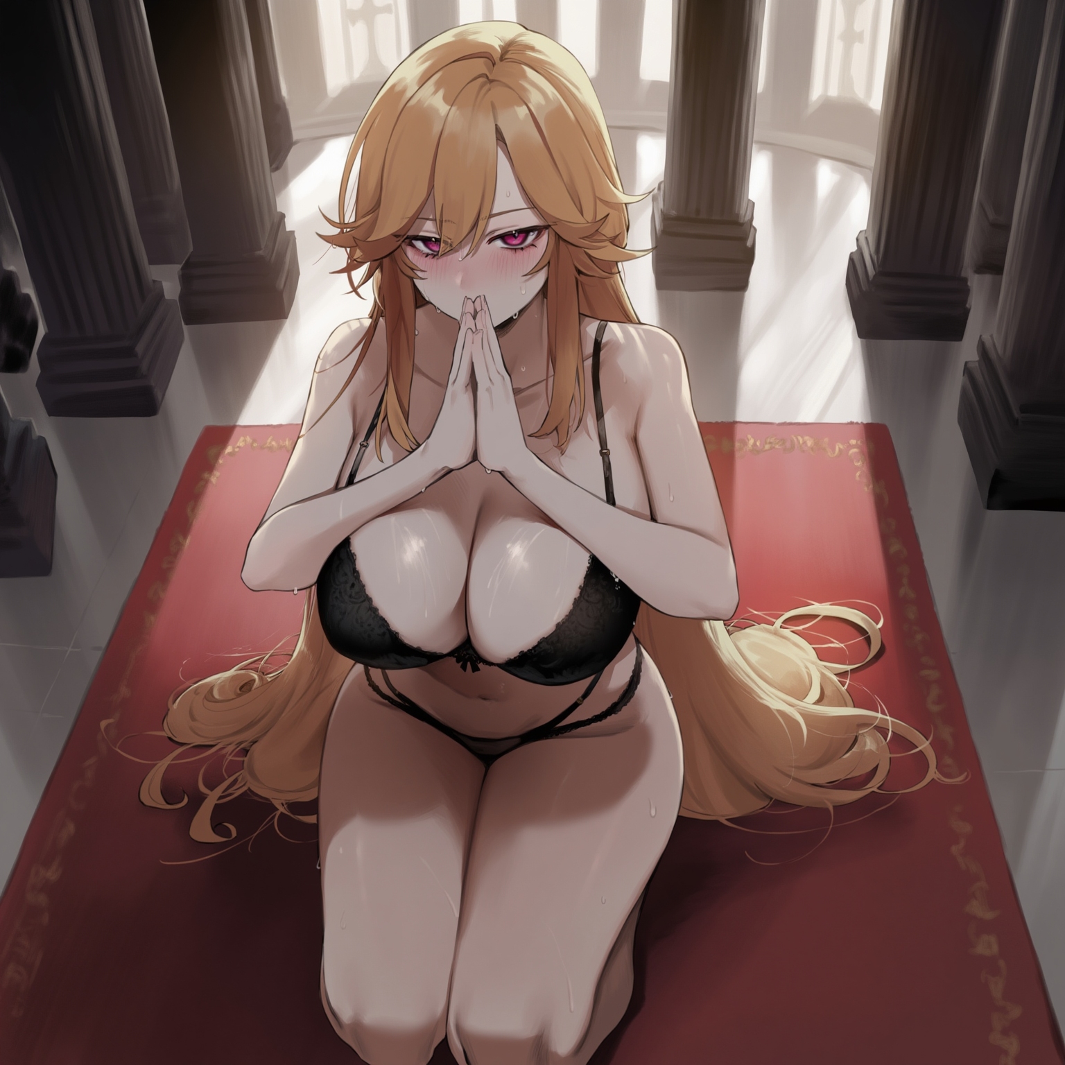 1girls, ai generated, azur lane, big breasts, black lingerie, blonde hair, breasts, female, hips, huge breasts, large breasts, light-skinned female, lingerie, long hair, navel, on knees, pink eyes, praying, richelieu (azur lane), thick thighs, thighs, truck kun, wide hips