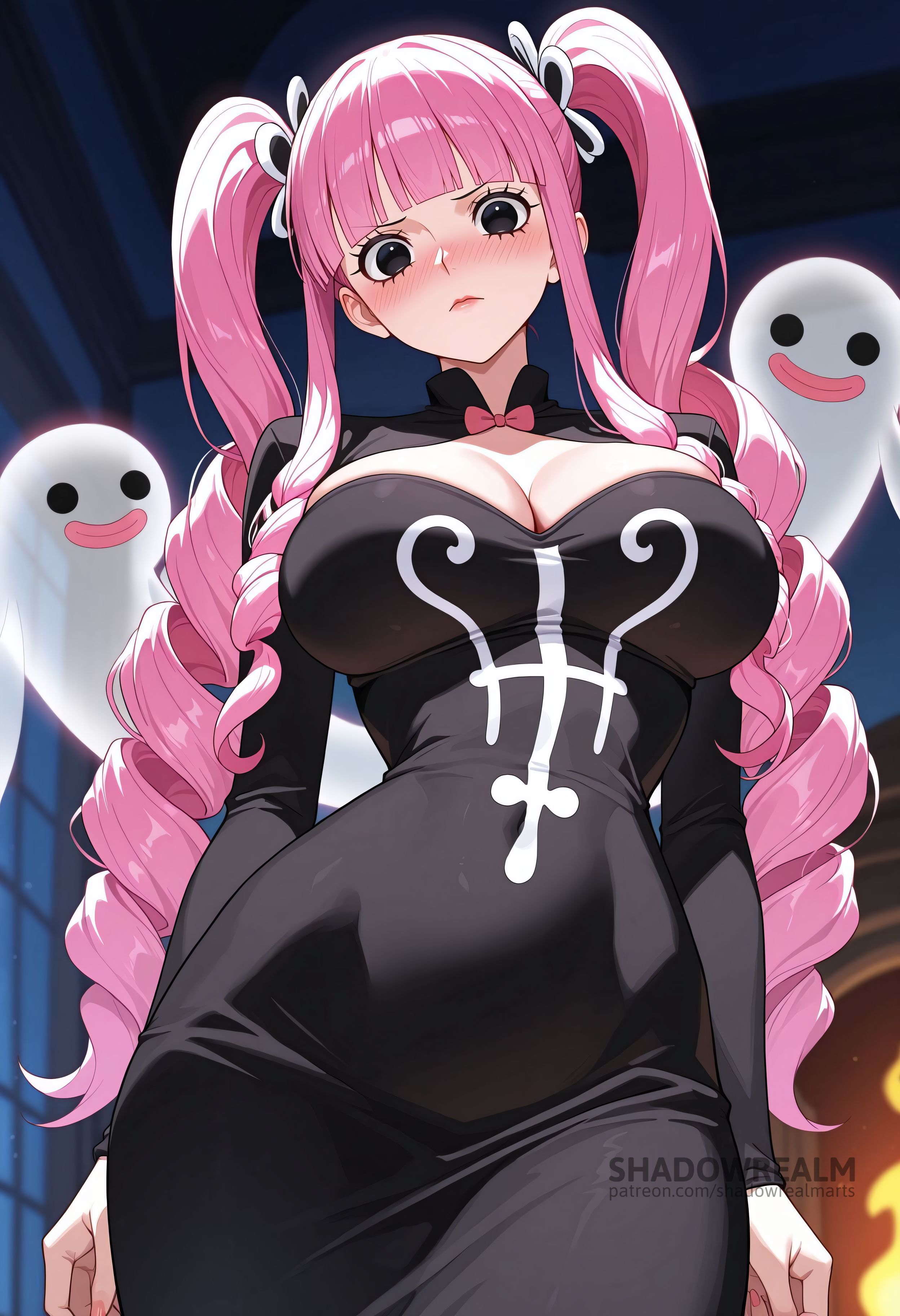 1girls, ai generated, arms at sides, black dress, black eyes, blunt bangs, blush, bow, breasts, cleavage, closed mouth, covered navel, cowboy shot, dress, drill hair, female, female only, from below, ghost, indoors, large breasts, long hair, long sleeves, looking at viewer, one piece, perona, pink hair, pink nails, pink-haired female, shadowrealmarts, sidelocks, solo, taut dress, twin drills, twintails, uncensored, very long hair, watermark, web address