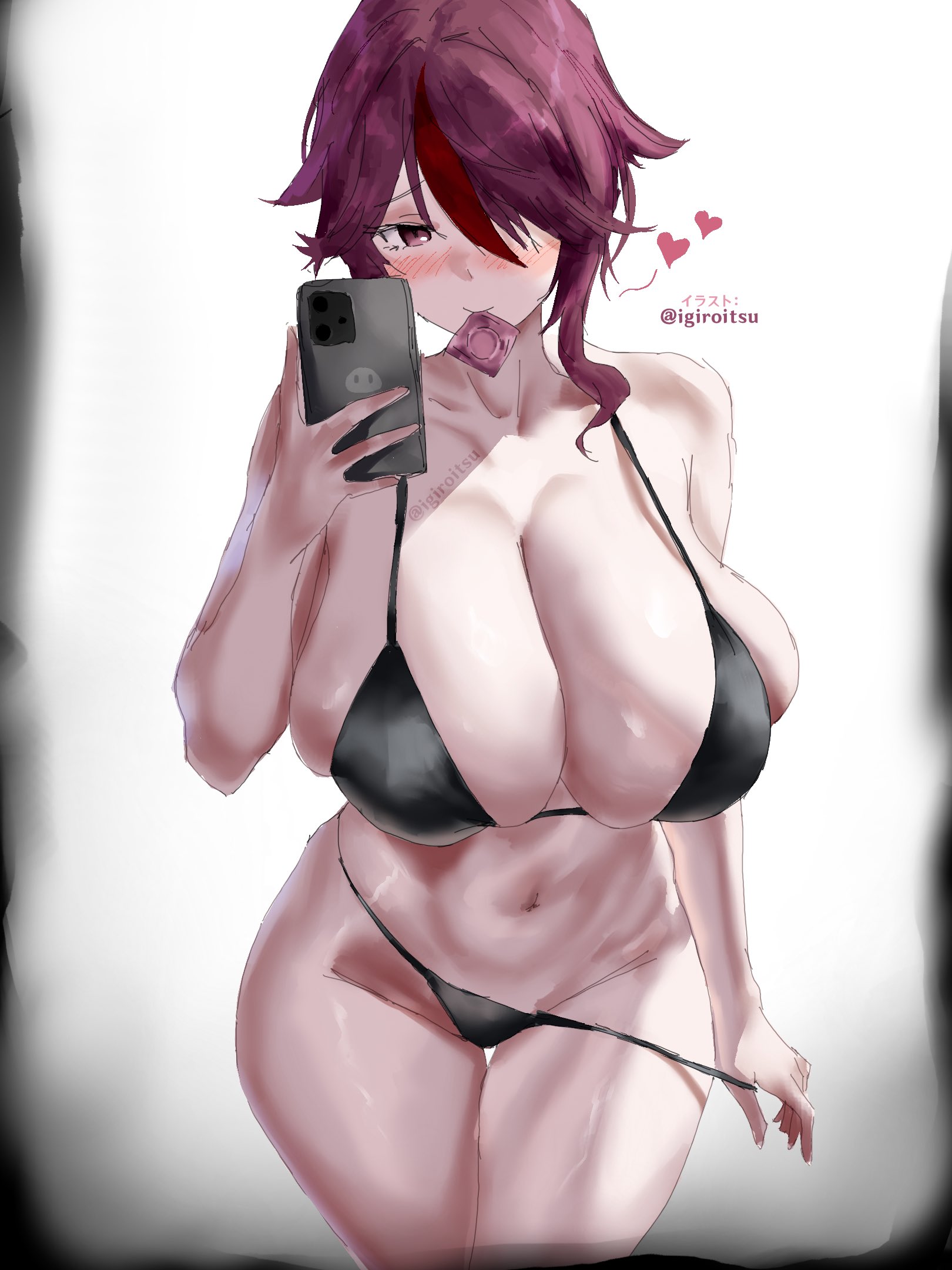 1girls, 2d, big breasts, bikini, bikini bottom, bikini top, black bikini, blush, bottomwear, breasts, cleavage, condom, condom in mouth, condom wrapper, dark purple hair, domain expansion, female, female only, genshin impact, hair, hair over one eye, heart, hips, holding phone, huge breasts, igiroitsu, large breasts, phone, purple eyes, purple hair, rosaria (genshin impact), selfie, smile, solo, solo female, swimwear, tagme, thick thighs, thighs, topwear, wide hips