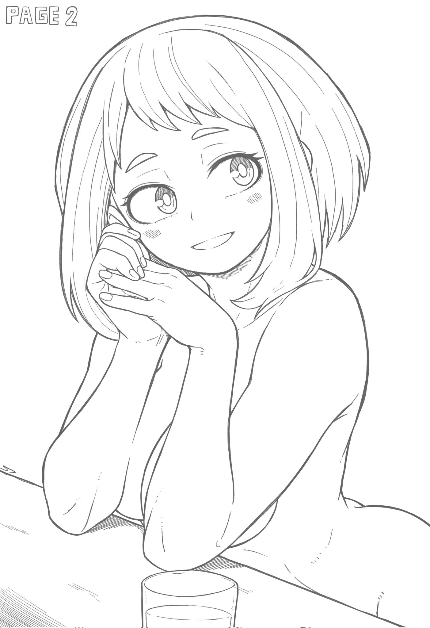 1girls, 23condex, accurate art style, breasts, covering breasts, female, female focus, female only, monochrome, my hero academia, naked, naked female, ochako uraraka, short hair, short-haired female, solo, solo female, solo focus