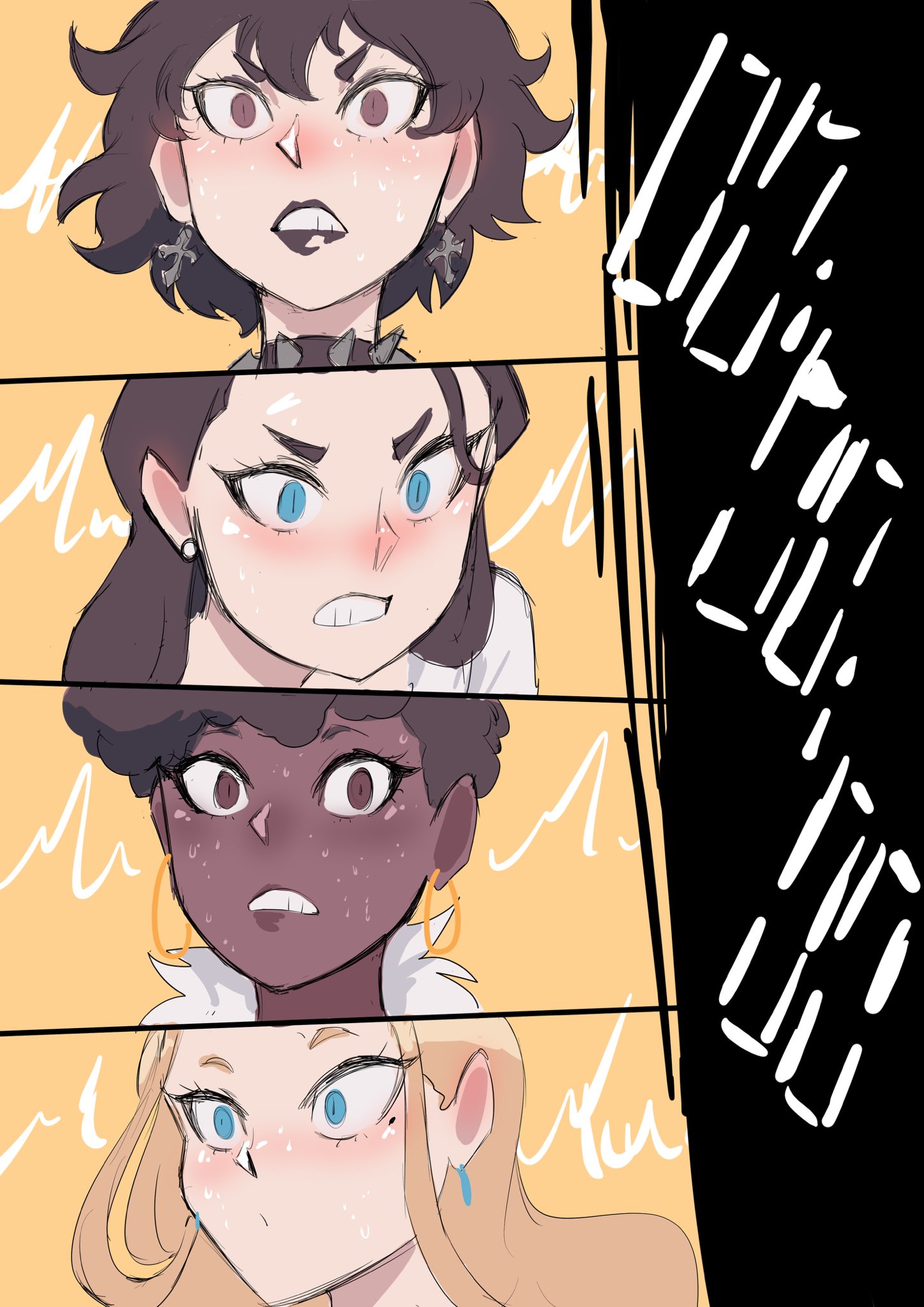4girls, 4koma, aaliyah (biku), barbara (biku), biku, black hair, blonde hair, blue earrings, blue eyes, blush, brown eyes, clenched teeth, collar, cross earrings, dark-skinned female, deborah (biku), earrings, elena (biku), female, have to pee, hoop earrings, light-skinned female, lipstick, long hair, mole, mole under eye, need to pee, original, shirt, short hair, spiked collar, sweat, timer, white earrings, white shirt, wide eyed