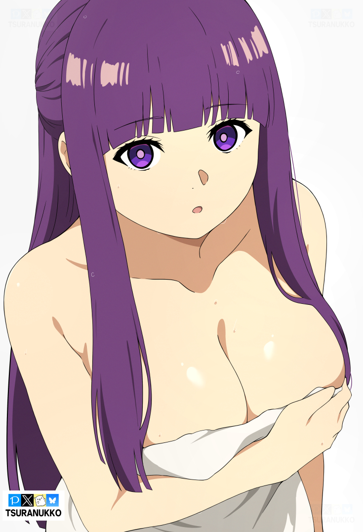 artist name, big breasts, breasts, dress, female, fern (sousou no frieren), looking at viewer, looking up, pressing breasts, purple eyes, purple hair, sousou no frieren, towel over breasts, tsuranukko, white background