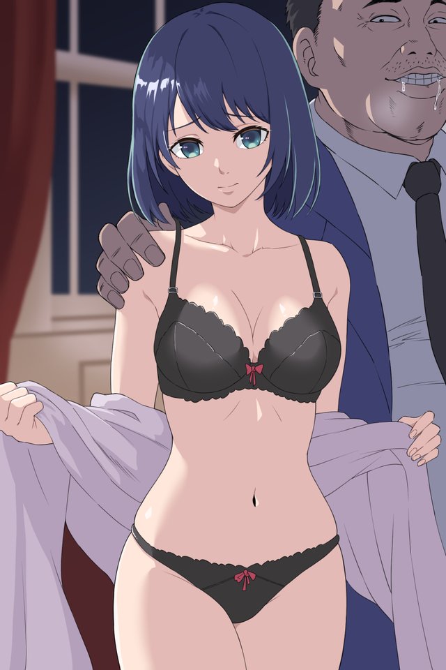 almost naked, almost nude, bra, cheating, cheating girlfriend, cheating wife, cuckold, female, half dressed, half naked, kurokawa akane, lingerie, male, netorare, old asian man, old male, old man, older male, older male and younger female, oshi no ko, panties, ugly bastard, ugly man