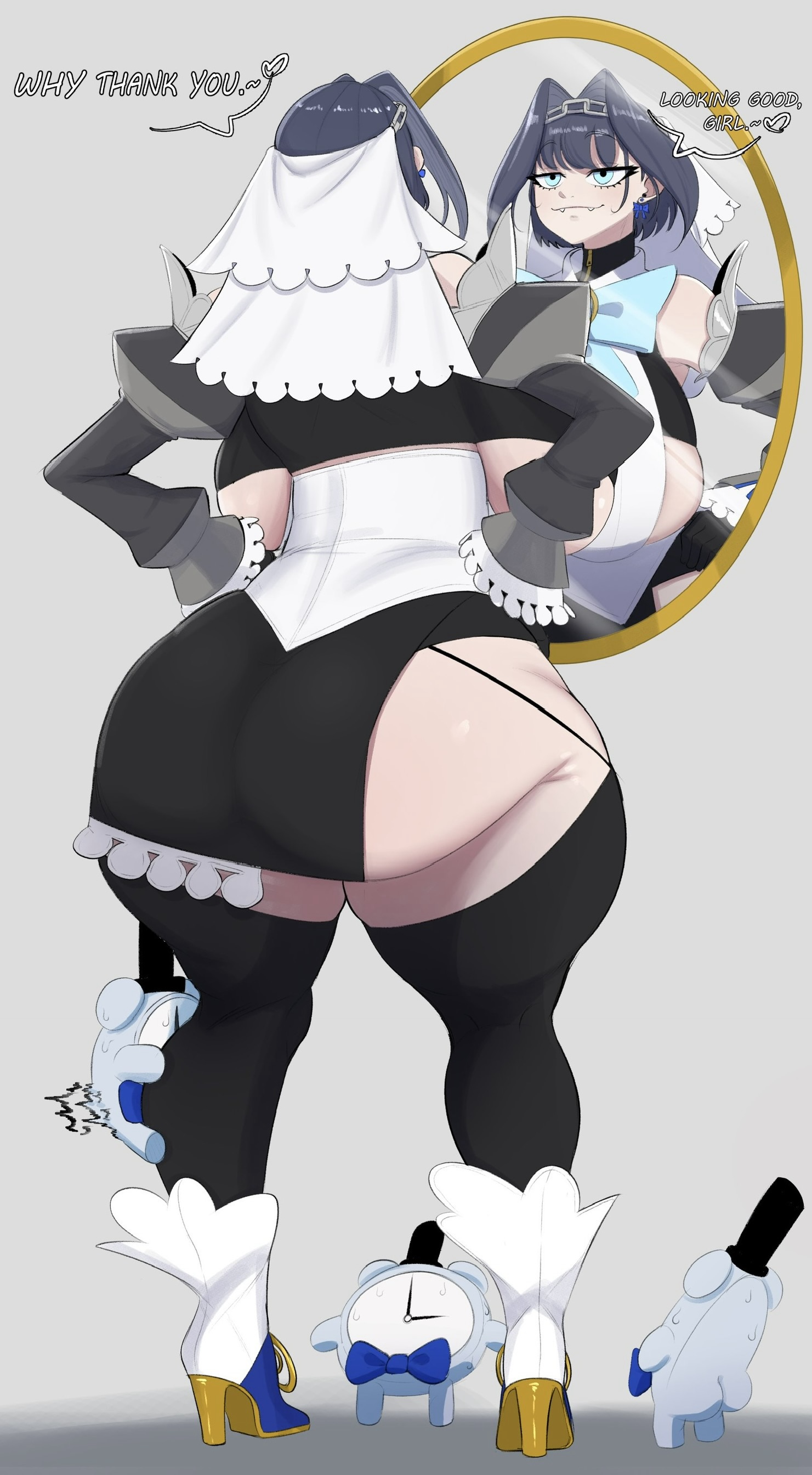 1girls, 2026, 2d, 2d (artwork), ass, ass bigger than head, ass focus, back view, backboob, bare shoulders, big ass, big breasts, blue eyes, blue hair, breasts, dark hair, detached sleeves, female, female only, front view, full body, hair intakes, hand on hip, hi res, high resolution, highres, hololive, hololive english, hololive english -council-, hololive english -promise-, huge ass, huge breasts, kronie (ouro kronii), large ass, large breasts, massive ass, medium hair, miniskirt, mirror, ouro kronii, simple background, skirt, solo, standing, straight, tagme, text, thick legs, thick thighs, thighhighs, thighs, thunder thighs, virtual youtuber, yamathegod