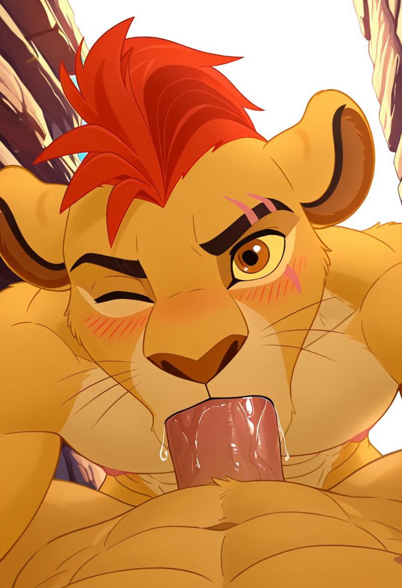 abs, ai generated, anthro, anthro male, biceps, big penis, blowjob, blush, brown eyes, deepthroat, erection, furry, gay, kion, kion (the lion guard), lion, looking at viewer, male, male only, male/male, muscular, muscular male, nipples, nude male, pecs, penis, penis in mouth, red hair, safari, scar across eye, the lion guard, the lion king, toned body, toned male, twall97, wink, winking