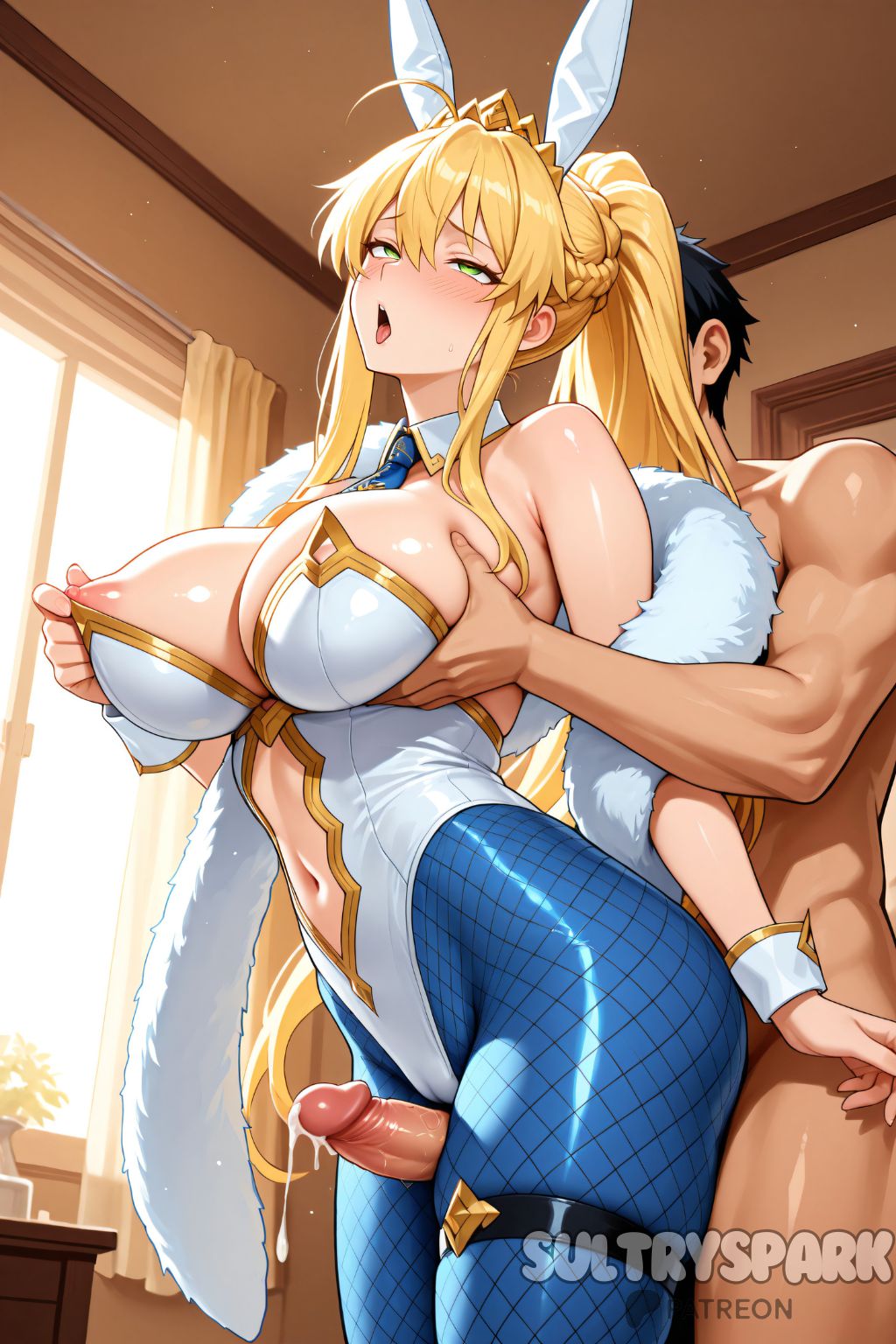 1boy, ahegao face, ahoge, ai generated, animal ears, artoria pendragon, artoria pendragon (fate), artoria pendragon (swimsuit ruler), bangs, bare shoulders, blonde hair, blue necktie, blue pantyhose, blush, braid, breast grab, breasts, bunnysuit, clothed female nude male, clothing cutout, cum, detached collar, erection, fate (series), fate/grand order, feather boa, female, fishnets, french braid, futarush, grabbing, green eyes, hair between eyes, highleg, highleg leotard, large breasts, leotard, long hair, male, navel, navel cutout, necktie, nipple tweak, nipples, nude, open mouth, pantyhose, patreon, patreon username, penis, playboy bunny, ponytail, rabbit ears, sidelocks, straight, sultryspark, thigh sex, thighs, tiara, uncensored, white leotard, wrist cuffs