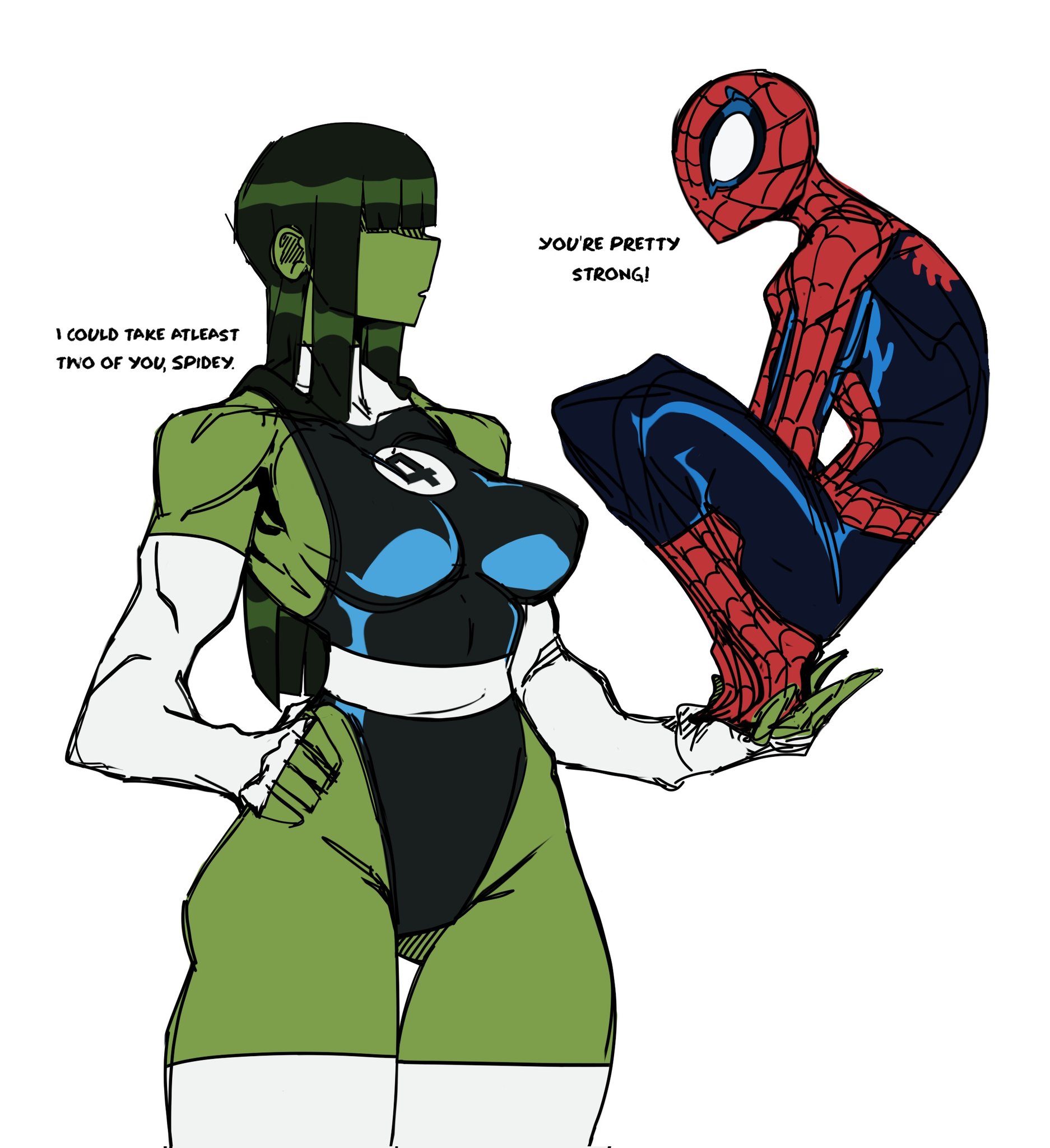 1boy, 1girls, big breasts, bigger female, bra, breasts, clothed, clothed female, clothed male, fantastic four, female, green hair, green skin, green skinned female, green-haired female, hairy pussy, height difference, heroine, innocent, jennifer walters, larger female, male, marvel, marvel comics, nerd, panties, peter parker, pussy, she-hulk, she-hulk (fantastic four), shorter male, shy, size difference, smaller male, spider-man, spider-man (series), superhero, superheroine, t1tans90, thick thighs, thighs