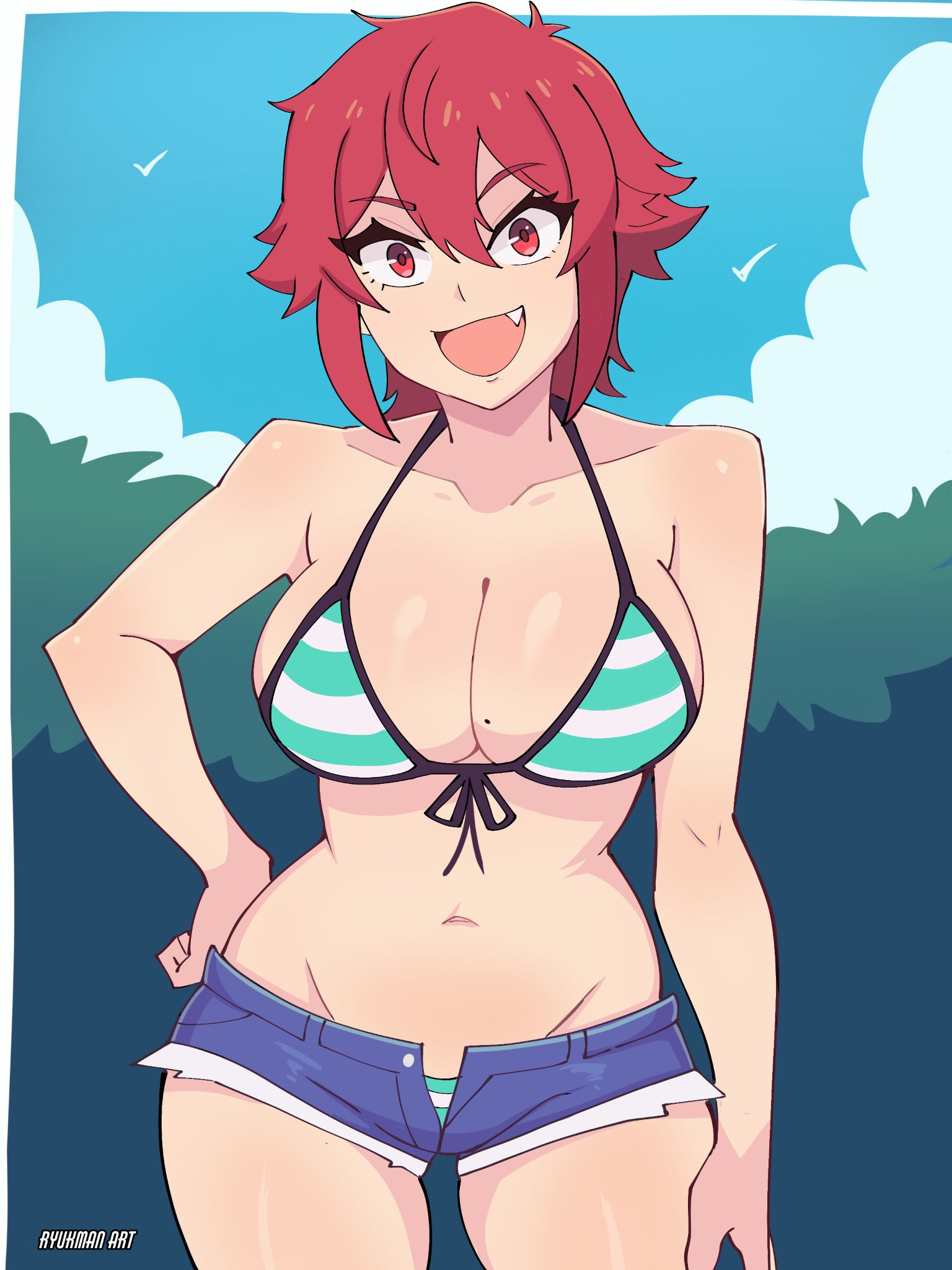 aizawa tomo, artist name, bare shoulders, big breasts, bikini, blue shorts, blue sky, breasts, busty, busty female, cleavage, collarbone, commentary, cowboy shot, curvaceous, curvy, curvy body, curvy female, curvy figure, curvy hips, cute fang, english commentary, eyelashes, female, green bikini, groin, hair between eyes, halter bikini, halterneck, hand on own hip, highres, hourglass figure, huge breasts, large breasts, looking at viewer, medium hair, mole, mole on breast, navel, open mouth, outdoors, panties visible through clothes, red eyes, red hair, ryukman, short shorts, shorts, sky, smile, solo, standing, stomach, striped bikini, striped clothes, swimsuit, thick thighs, thighs, tomboy, tomo-chan wa onna no ko, voluptuous, voluptuous female