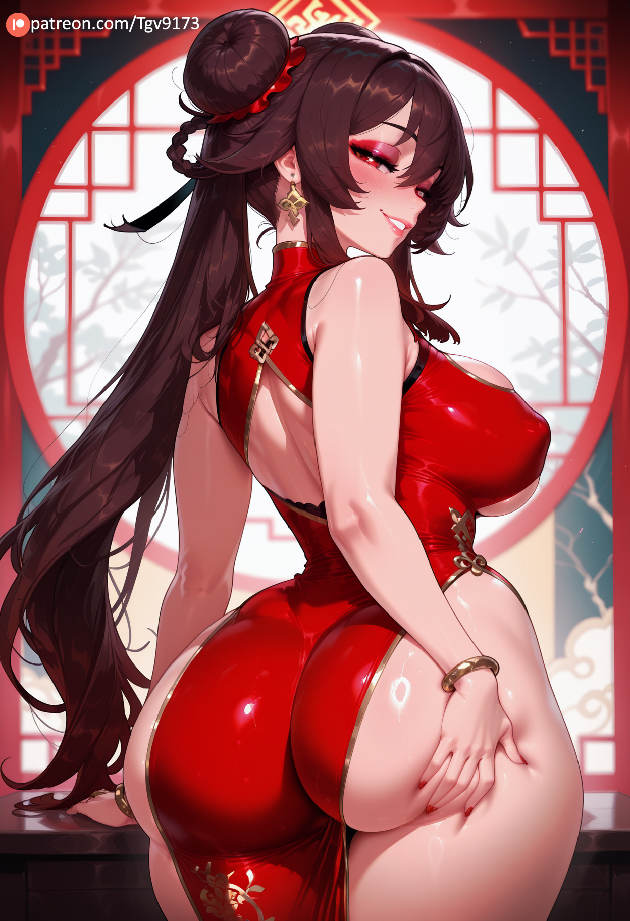 1girls, ai generated, ass, ass focus, ass grab, ass support, bangs, bare shoulders, big breasts, blush, bracelet, breasts, brown hair, china dress, chinese clothes, clothing cutout, covered nipples, cowboy shot, deep skin, double bun, dress, earrings, eyeshadow, female, female only, from behind, genshin impact, grabbing own ass, grin, hair between eyes, hair bun, hand on own ass, hu tao (genshin impact), huge ass, indoors, jewelry, large breasts, light-skinned female, lips, long hair, looking at viewer, looking back, makeup, nail polish, parted lips, patreon username, pelvic curtain, qipao, red dress, red eyes, shiny, shiny clothes, shiny hair, shiny skin, sidelocks, sleeveless, sleeveless dress, smile, solo, standing, tgv9173, thighs, window
