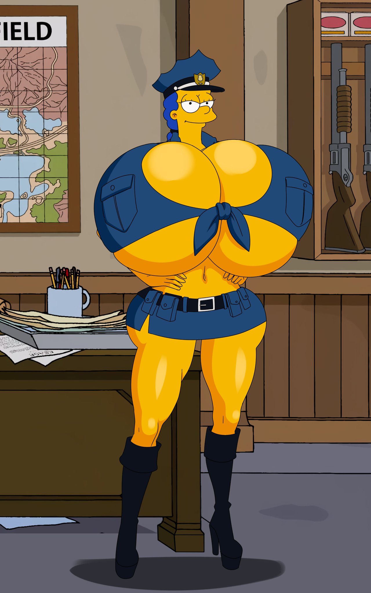 1girls, big ass, big breasts, breasts, female, huge ass, huge breasts, hyper, hyper ass, hyper breasts, marge simpson, police, police uniform, the simpsons, thick thighs, turboranger, wide hips