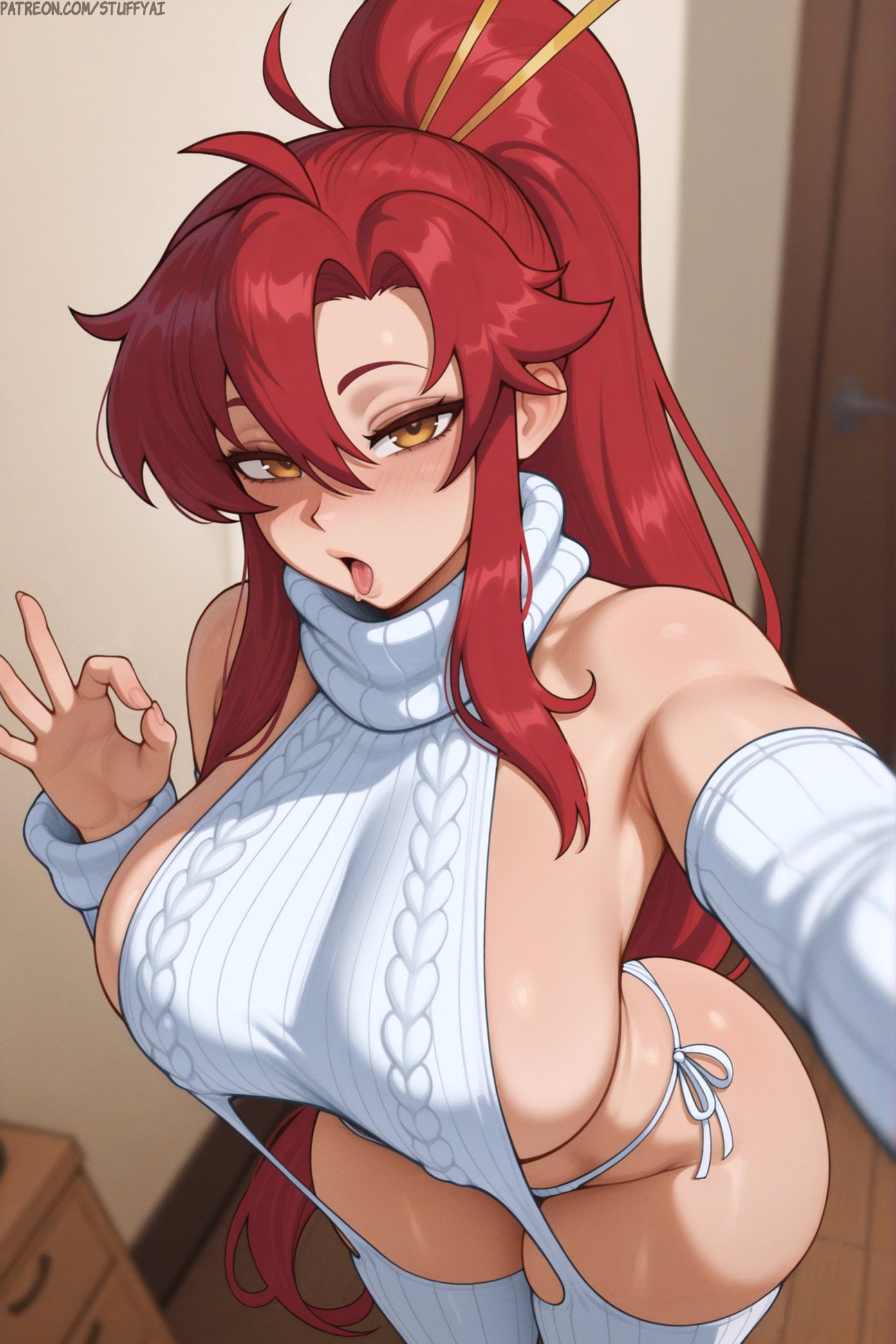 1girls, ai generated, breasts, female, hi res, hips, large breasts, light skin, light-skinned female, long hair, looking at viewer, ponytail, red hair, stuffyai, tengen toppa gurren lagann, thick thighs, thighs, virgin killer sweater, wide hips, yoko littner