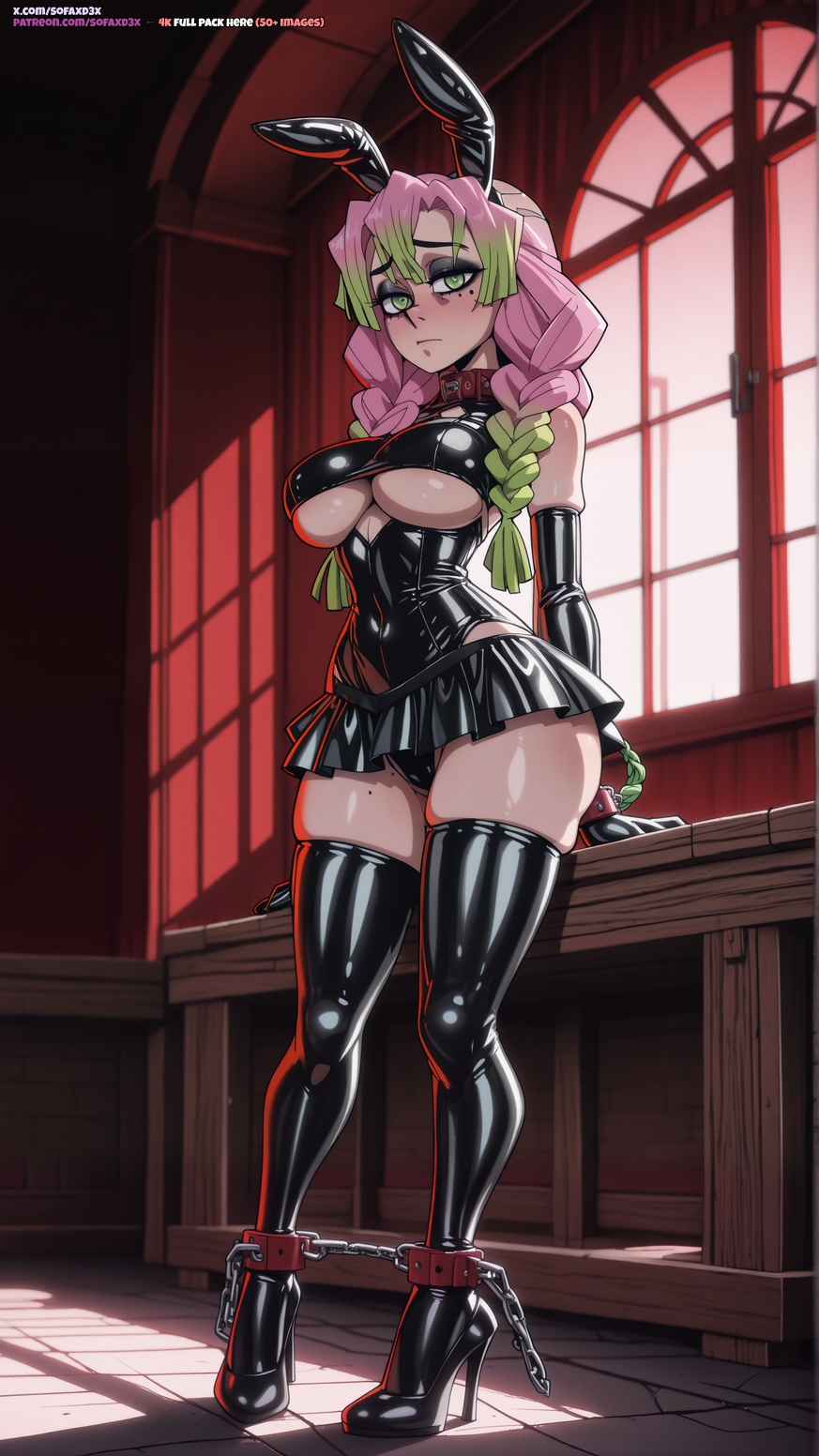ai generated, animal ears, arms behind back, bare shoulders, black gloves, black leotard, blush, bondage, boots, bound, braid, breasts, chains, collar, covered nipples, cuffs, demon slayer, elbow gloves, fake animal ears, female, full body, gloves, gradient hair, green eyes, green hair, high heel boots, high heels, indoors, kanroji mitsuri, kimetsu no yaiba, large breasts, latex, leotard, long hair, looking at viewer, mitsuri kanroji, mole, mole under each eye, mole under eye, multicolored hair, multiple moles, pink hair, playboy bunny, rabbit ears, restrained, skindentation, skirt, sofaxd3x, solo, thighhighs, thighs, tri braids, twin braids, two-tone hair, underboob, window