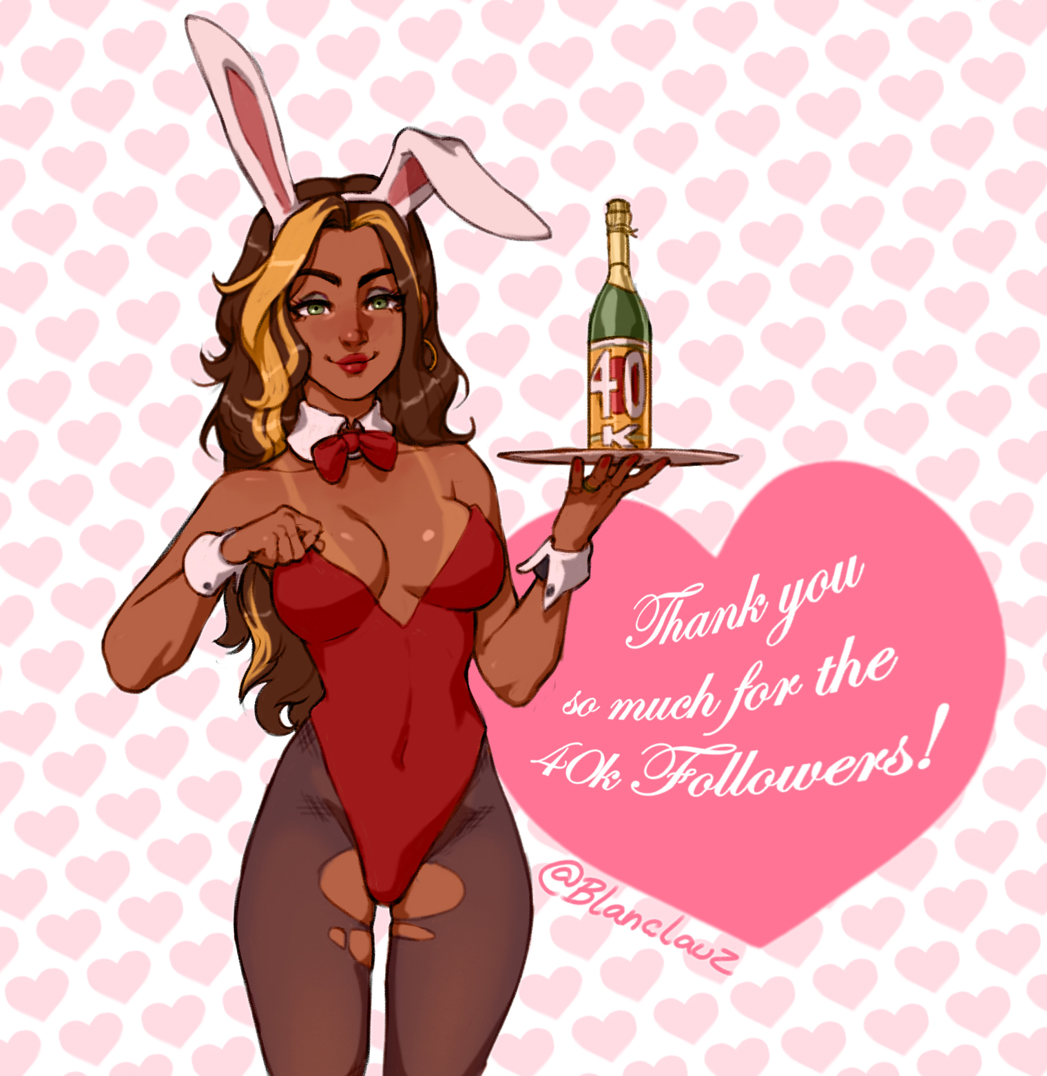 1girls, blanclauz, bottle, bowtie, breasts, bulge, bunny ears, bunnysuit, champagne, dyed hair, english text, eyeshadow, green eyes, lipstick, long hair, male, male only, multicolored hair, nina (blanclauz), solo, tan, tanlines, torn pantyhose, trans woman, trans woman (lore), transfem