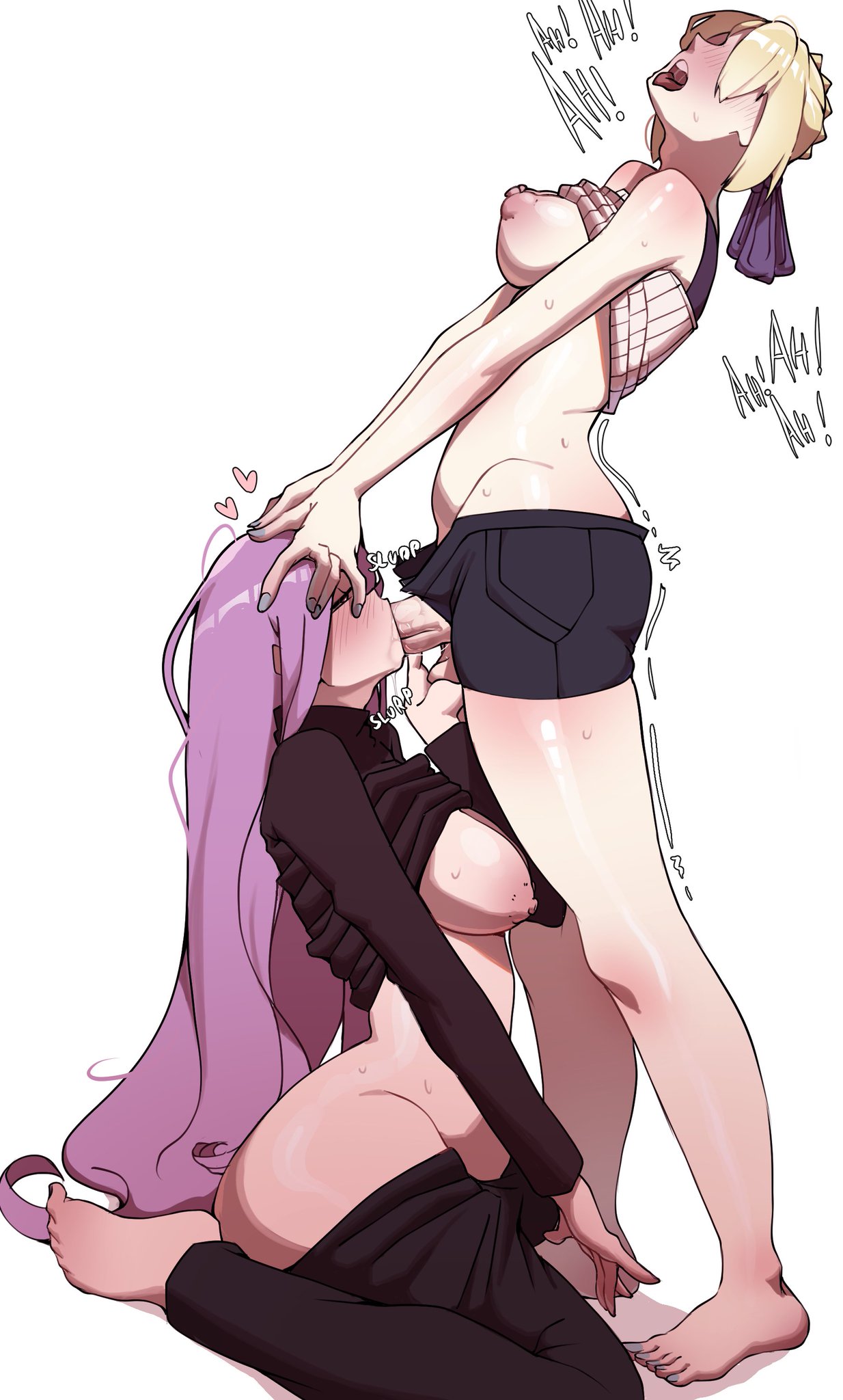 1futa, 1girls, ahe gao, artoria pendragon, ass, balls, big ass, big breasts, big penis, blush, breasts, bubble butt, caressing balls, closed eyes, duo, euvo, face fucking, fate (series), fate/grand order, fate/stay night, fellatio, female, fit female, fit futa, fucked silly, futadom, futanari, hand on head, head thrown back, heart, intersex, light-skinned female, light-skinned futa, loving it, medusa (fate), moaning, moaning in pleasure, mostly nude, open zipper, pants down, penis, pleasure face, saber, shirt lift, thick, thrusting, thrusting into mouth, tongue, tongue out, twitch lines