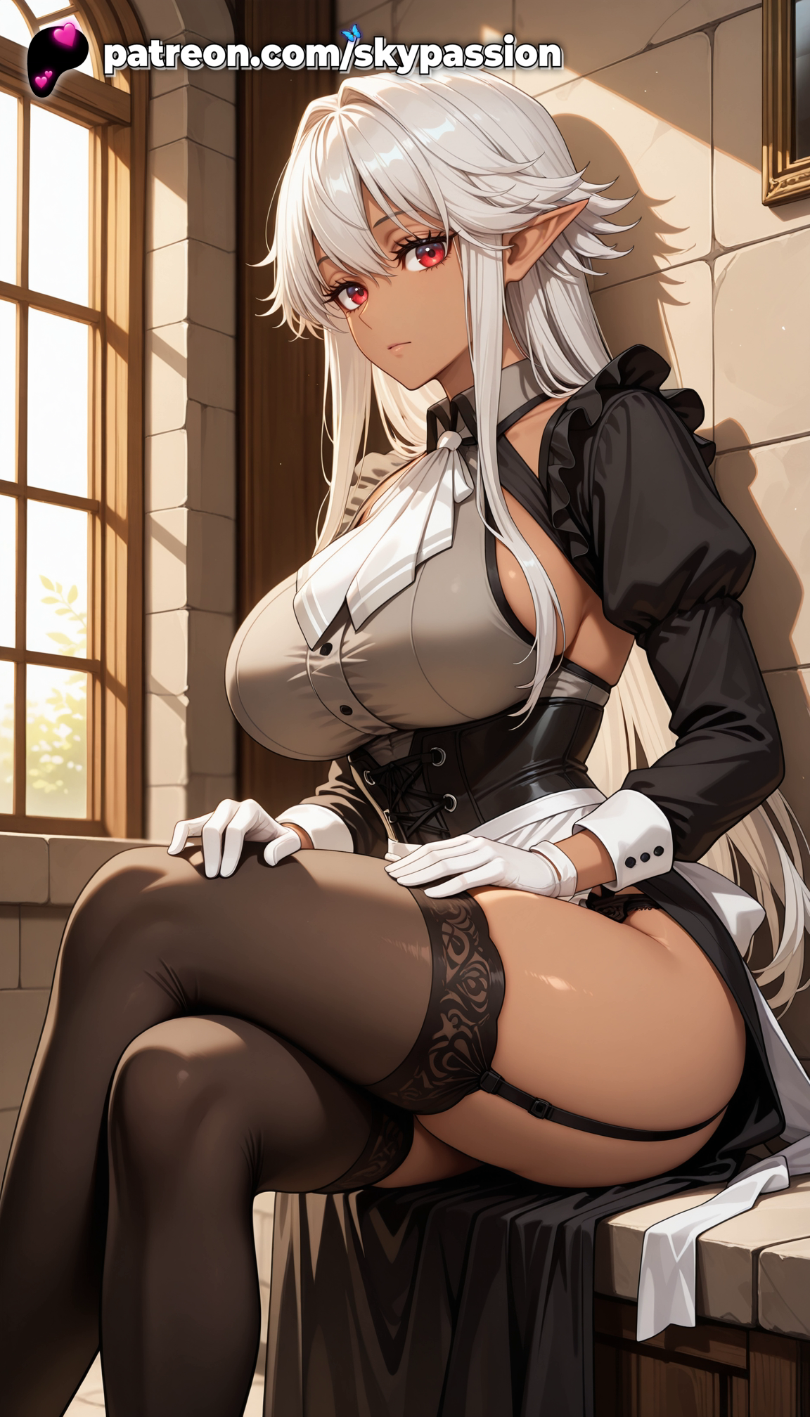 1girls, 2025, ai assisted, ai generated, anime, artist name, big breasts, big chest, black legwear, breasts, bust, busty, chest, crossed legs, dark elf, dark skin, dark-skinned female, elf, explicit, female, garter belt, garter straps, gloves, hi res, high quality, high resolution, highres, indoors, large breasts, long hair, looking at viewer, maid, patreon, patreon username, pointy ears, reanette elfelt, red eyes, shinmai ossan bokensha, sitting, skypassion, solo, stable diffusion, thighhighs, watermark, white gloves, white hair