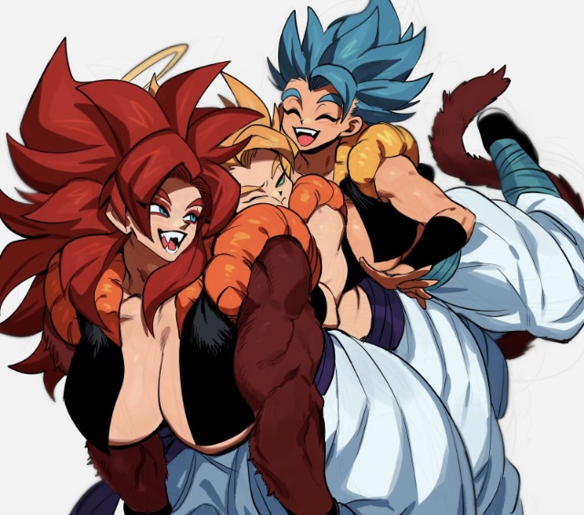 3girls, big breasts, breasts, clothes, corelessmoter, dragon ball, dragon ball gt, dragon ball super, dragon ball z, fangs, fem gogeta, female, female gogeta, fur, fusion, gogeta, hug, huge breasts, pants, super saiyan, super saiyan 4, super saiyan blue
