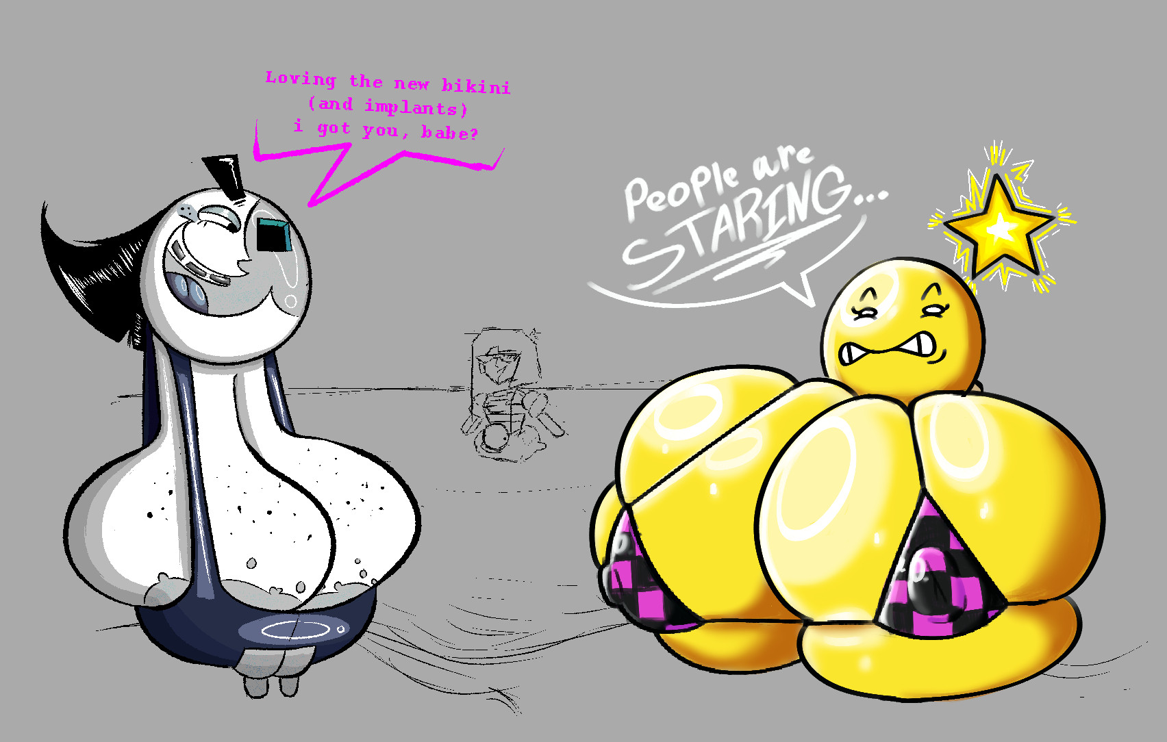 3girls, ball with boobs, ball with hyper features, beach, breasts, breasts bigger than head, casual nudity, dorkzone, ena, ena (series), female, female only, gigantic breasts, huge breasts, huh?, hyper breasts, large breasts, mario (series), mario and luigi (series), moony (joel g), nintendo, sagging breasts, starlow, text
