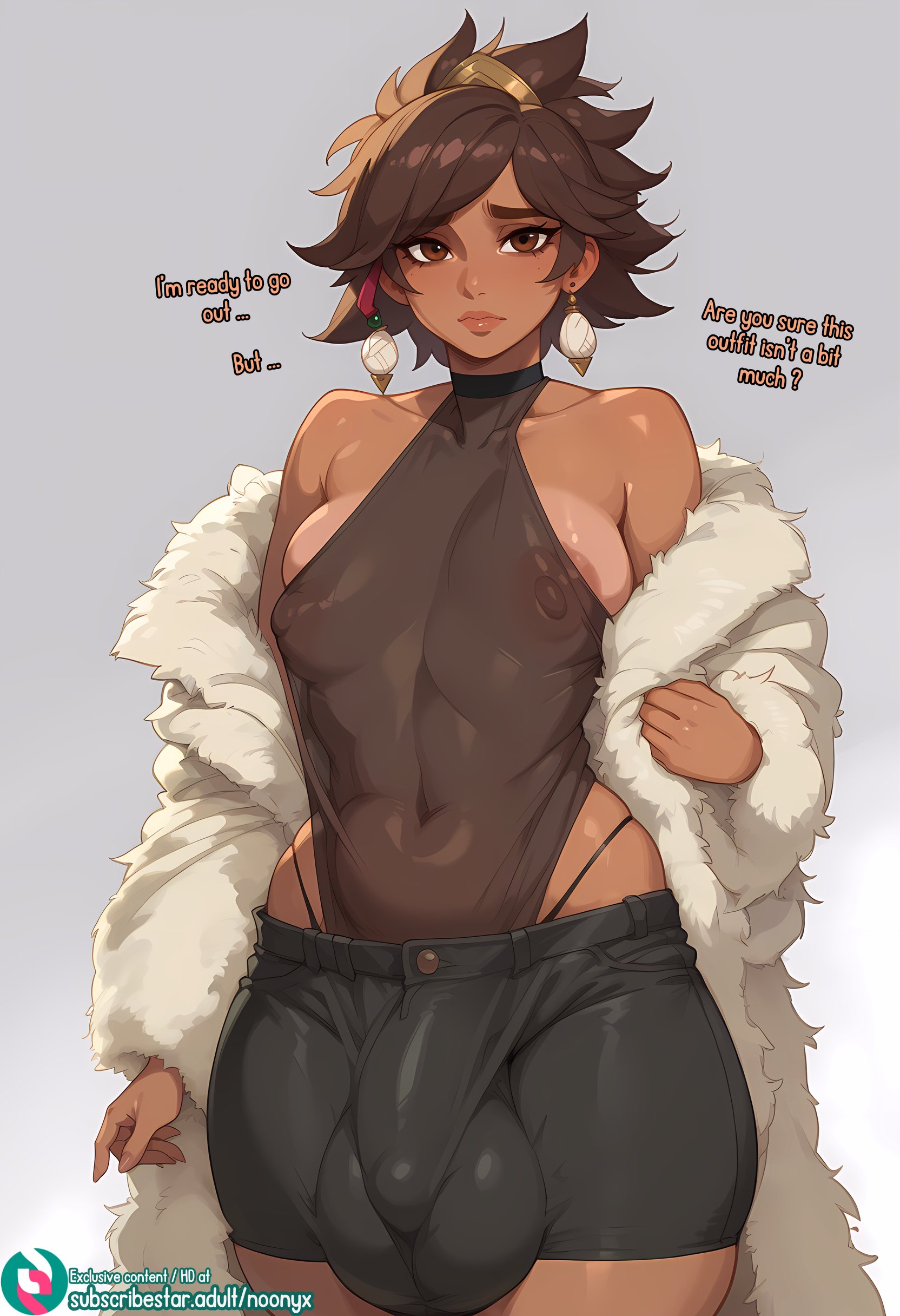 1boy, 1femboy, 2024, ai generated, androgynous, areolae, areolae visible through clothing, balls, big balls, big breasts, big penis, breasts, brown eyes, brown hair, bulge, bulge through clothing, bulge under clothes, bursting breasts, child bearing hips, dialogue, earrings, femboy, femboy only, flaccid, flaccid penis, genderswap, girly, huge balls, huge cock, hyper balls, intersex, league of legends, looking at viewer, male, male only, male with breasts, muscular, muscular femboy, muscular male, nipples visible through clothing, noonyx, penis, see-through clothing, sissy, taliyah, tan body, tan skin, tanned, tanned male, text, thong, tight clothing