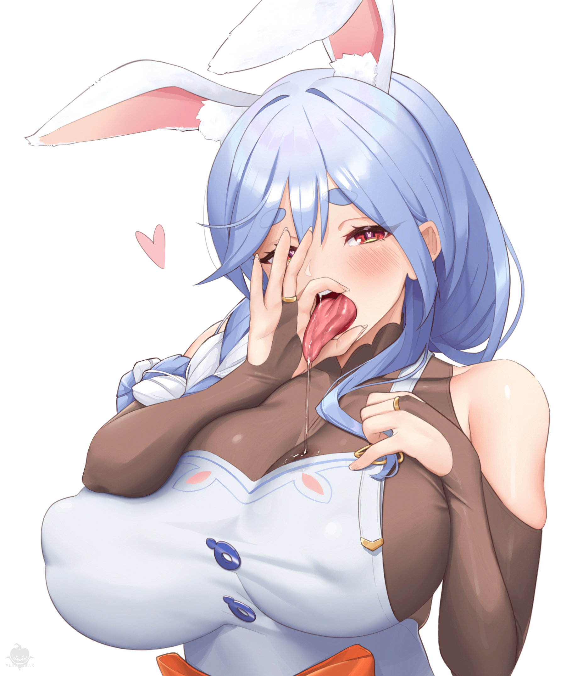 1girls, animal ears, apron, armwear, asking for it, big breasts, blush, breasts, bunny ears, bunny-shaped pupils, clothing, fellatio gesture, female, female only, fingerless gloves, gesture, gloves, hair, heart, hololive, huge breasts, light blue hair, long hair, mature, mature female, mature woman, milf, mother, naughty face, nipple bulge, pekomama, planterak draws, red eyes, saliva, saliva trail, seductive, seductive look, sexually suggestive, solo, solo female, tongue, tongue out, upper body, virtual youtuber, white apron