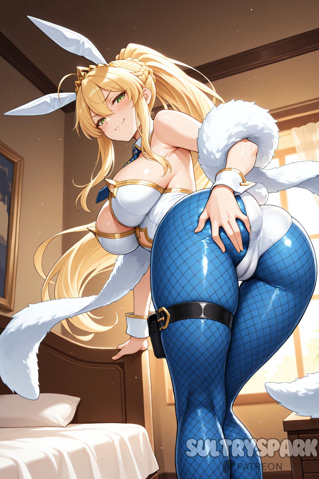 ahoge, ai generated, animal ears, artoria pendragon, artoria pendragon (fate), artoria pendragon (swimsuit ruler), ass, bangs, bare shoulders, blonde hair, blue pantyhose, blush, braid, breasts, bunnysuit, cameltoe, closed mouth, detached collar, fate (series), fate/grand order, feather boa, female, fishnet pantyhose, fishnets, french braid, futarush, green eyes, hair between eyes, highleg, highleg leotard, large breasts, leotard, long hair, looking at viewer, looking back, necktie, pantyhose, patreon, patreon username, playboy bunny, ponytail, rabbit ears, sidelocks, smile, solo, sultryspark, tail, thigh strap, thighs, tiara, white leotard, wrist cuffs