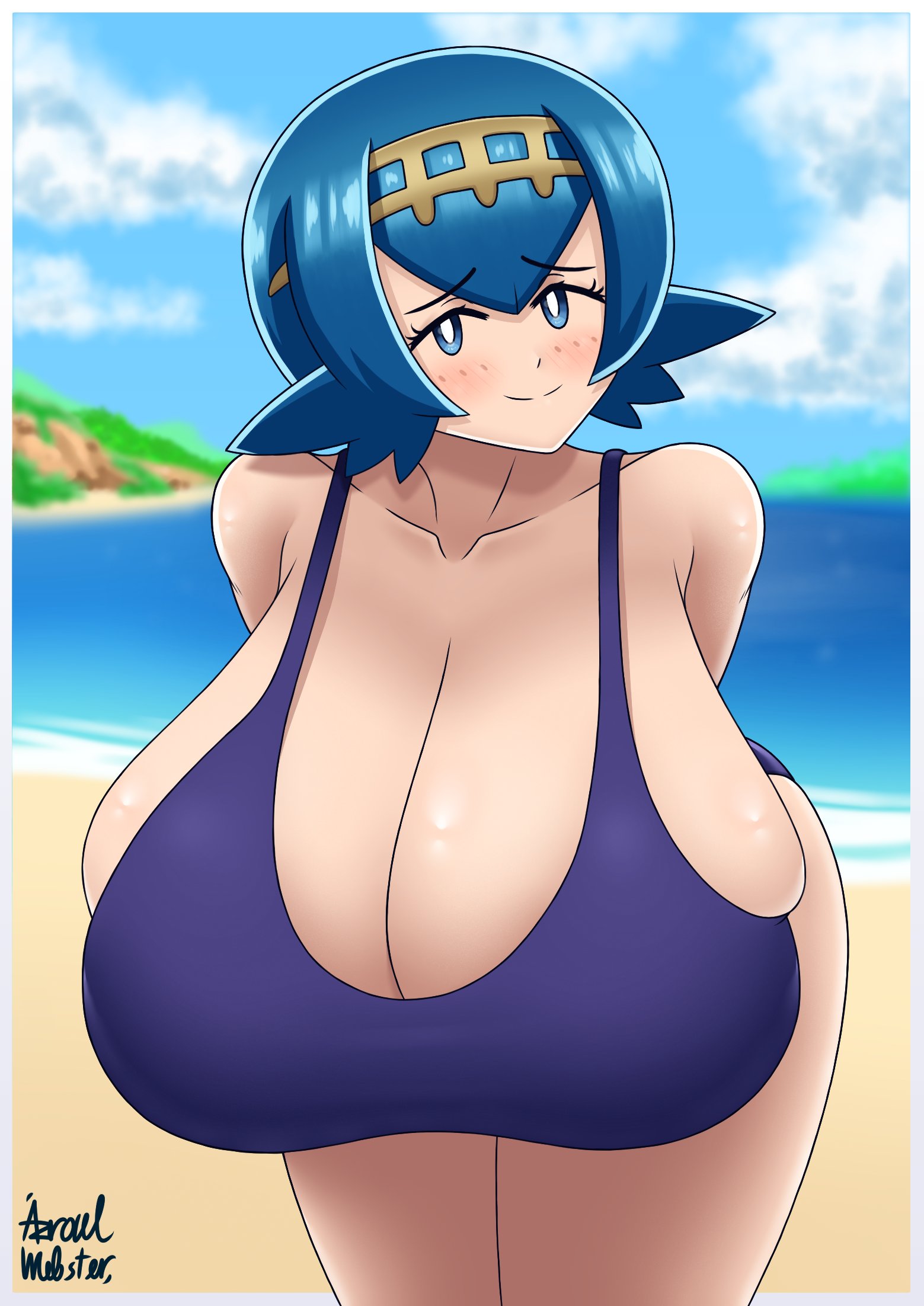 1girls, 2d, aged up, alternate breast size, azraelwebster, bent over, blue eyes, blue hair, blue-haired female, breasts, cleavage, female, female only, freckles, freckles on face, gigantic breasts, huge ass, huge breasts, lana (pokemon), leaning forward, looking at viewer, nintendo, one-piece swimsuit, pokemon, pokemon sm, public, public exposure, revealing clothes, sideass, sideboob, smile, smiling at viewer, solo, swimsuit, swimwear, teasing, twitter link
