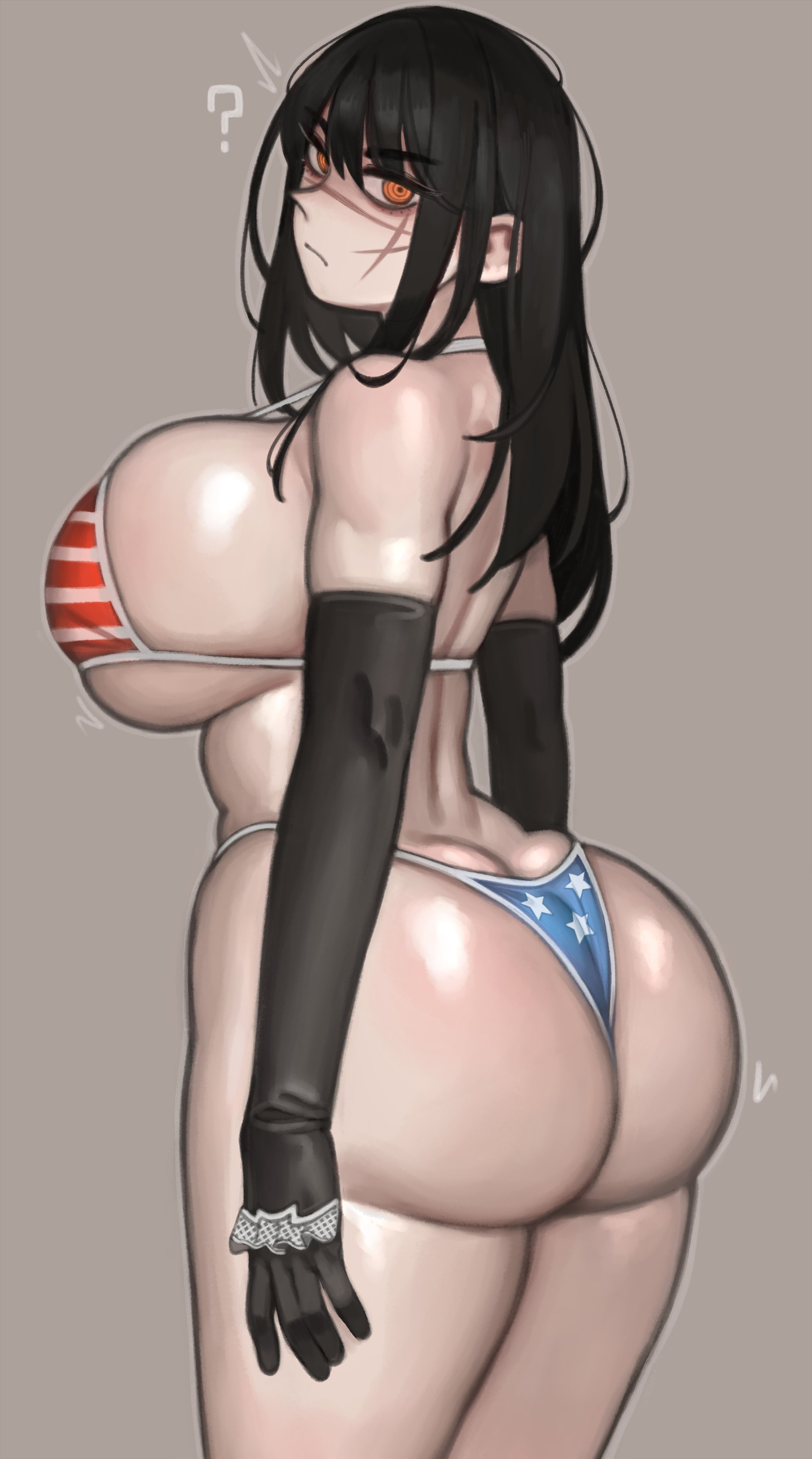 1girls, american flag bikini, back view, big breasts, bikini, black hair, breasts, chainsaw man, female, female only, gloves, huge breasts, kelvin hiu, light skin, light-skinned female, long hair, looking at viewer, looking back, looking back at viewer, monster girl, orange eyes, pale skin, pale-skinned female, questionable consent, scar, scar on face, sideboob, solo, solo female, viewed from behind, yoru (chainsaw man)