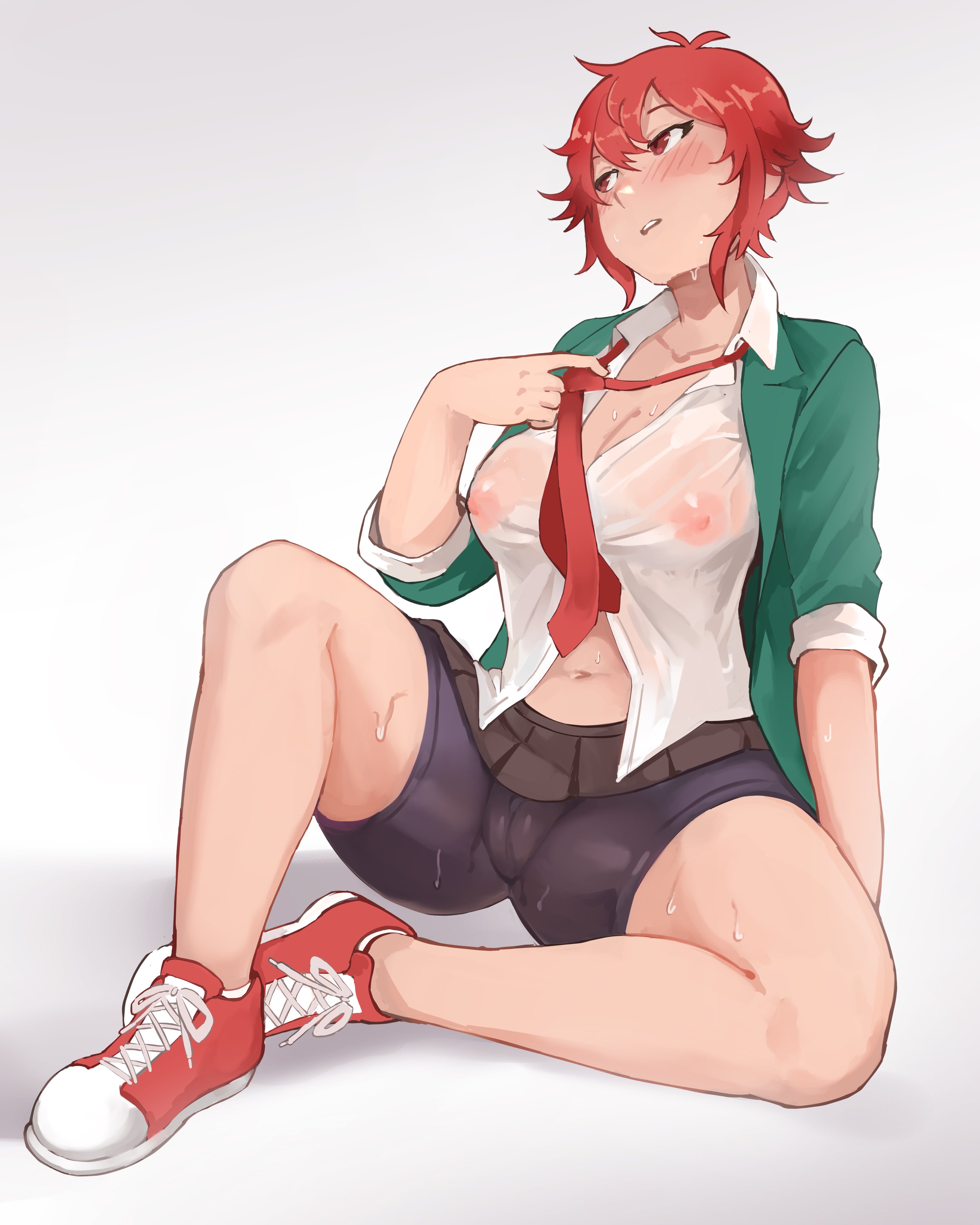 absurdres, aizawa tomo, arm at side, bellfonts, bike shorts, blush, breasts, cameltoe, clothes grab, collared shirt, covered nipples, female, full body, green jacket, hair between eyes, hand up, head tilt, highres, hot, jacket, knee up, large breasts, looking to the side, microskirt, navel, necktie, necktie grab, neckwear grab, nipples, no bra, open clothes, open jacket, parted lips, red eyes, red hair, see-through clothes, see-through shirt, shirt, shoes, short hair, sitting, skirt, solo, stomach, sweat, tomboy, tomo-chan wa onna no ko, wet, wet clothes, wet shirt, white shirt, wing collar